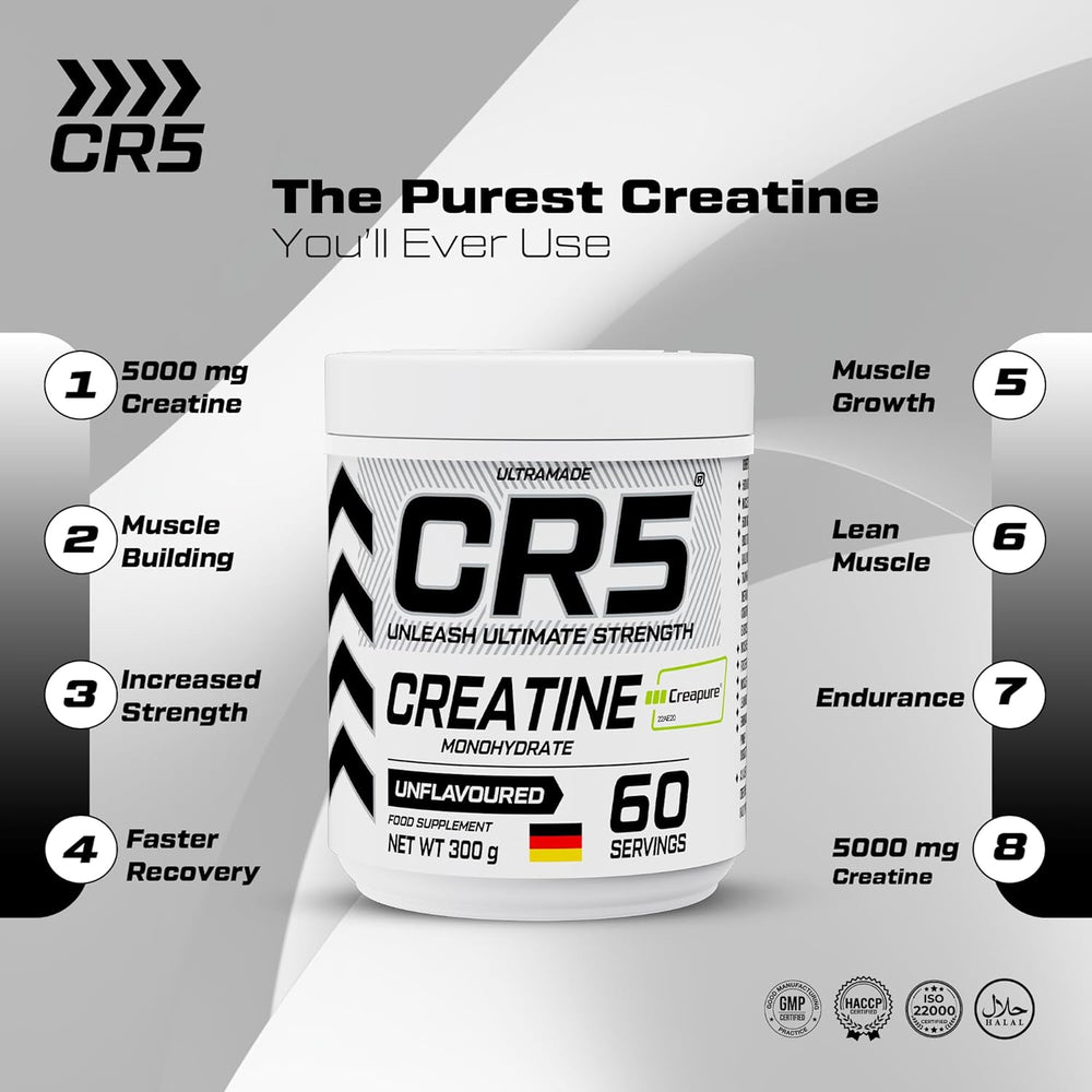 CR5 Creatine Monohydrate Powder – Creapure® Micronized, Unflavoured, 5000mg Per Serving, 60 Servings, 300g – Muscle Strength, Power & Recovery Supplement