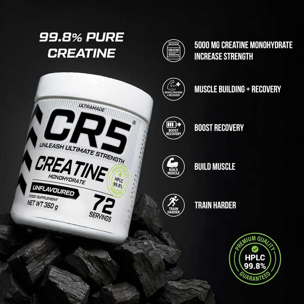 CR5 Creatine Monohydrate Powder 360g (72 Servings) – Unflavoured, Micronized, 99.8% HPLC-Tested Purity –