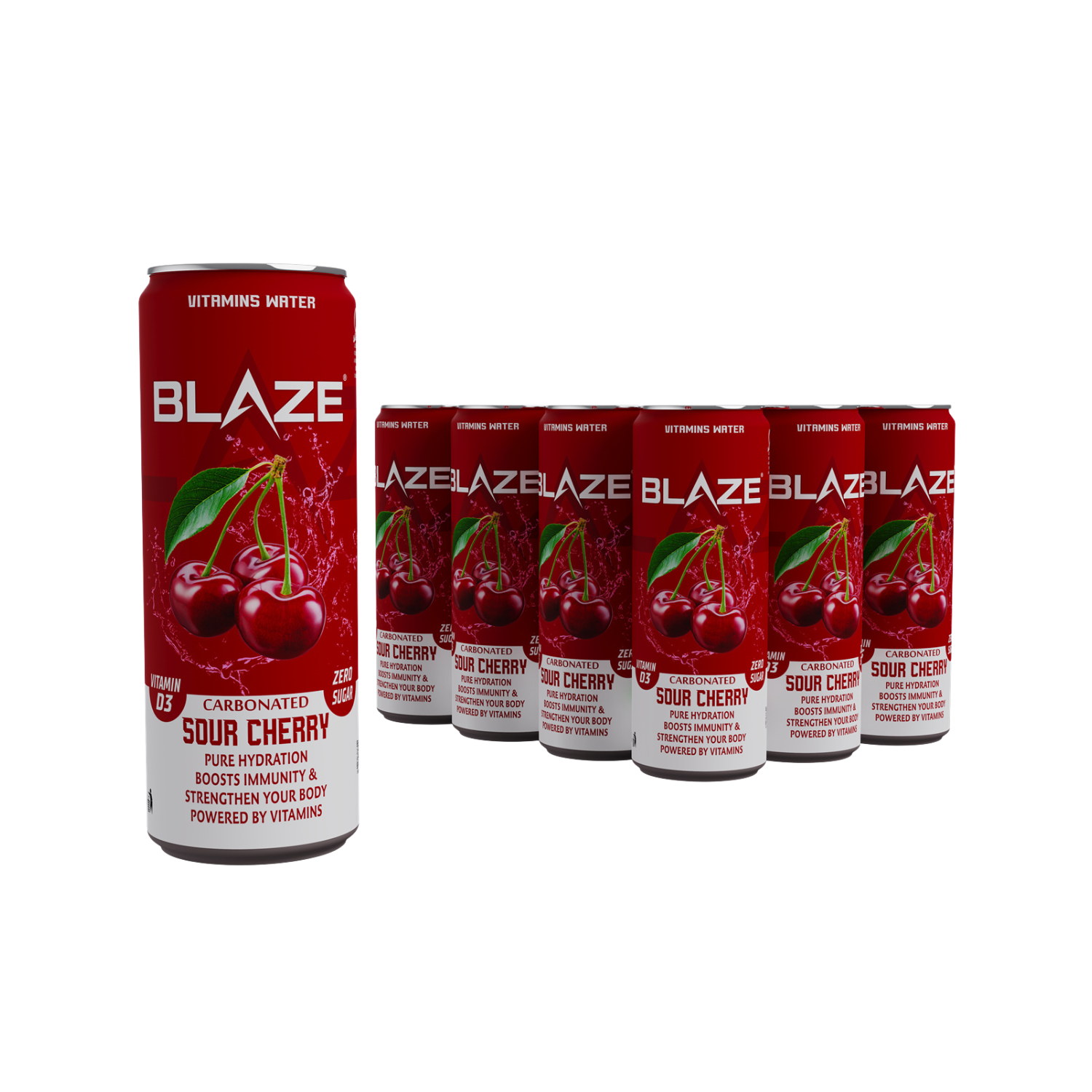 BLAZE Vitamin Water – Sour Cherry – Zero Sugar, Vitamin D3 4000IU, Enriched with Calcium, Iron, Potassium, Vitamins A, C, B6, B12, Magnesium, Zinc, Chromium – Hydration & Immunity – 355ml Can – Pack of 12