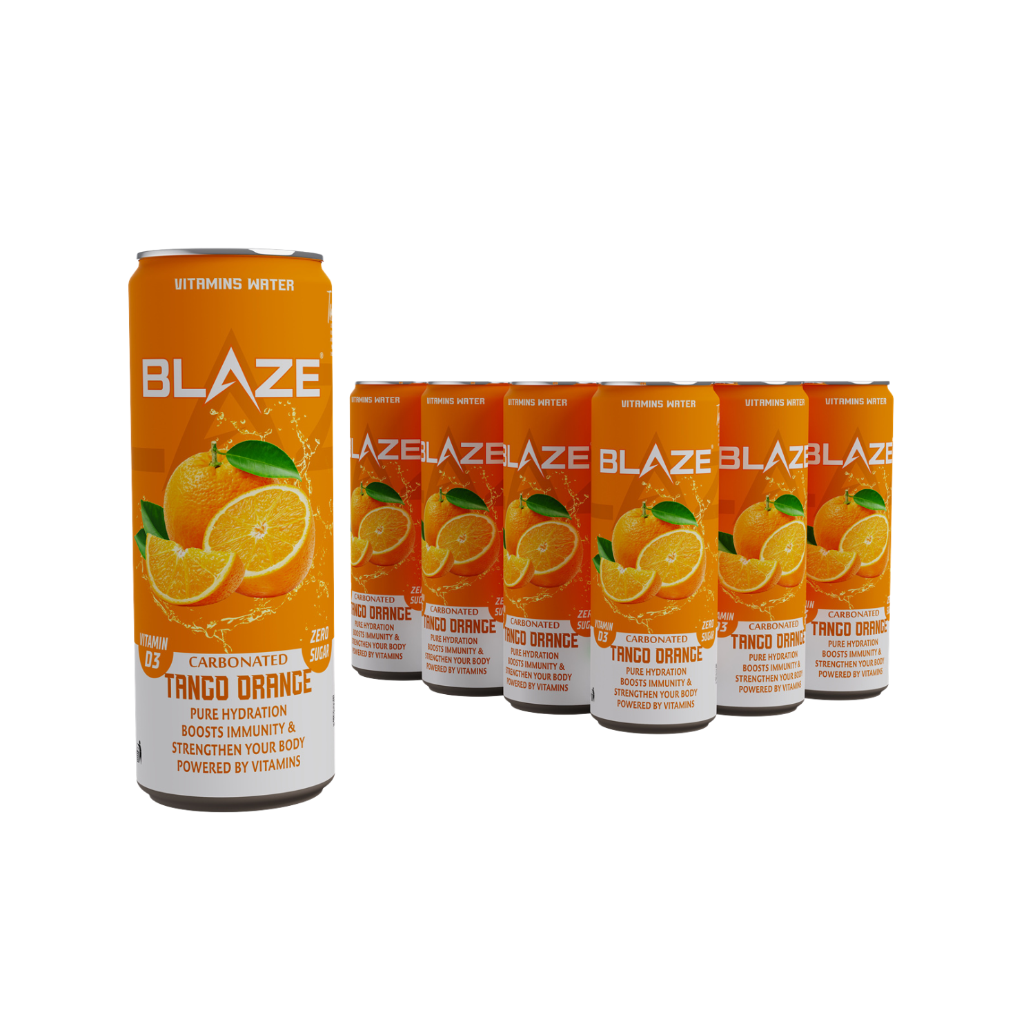 BLAZE Vitamin Water – Tango Orange – Zero Sugar, Vitamin D3 4000IU, Enriched with Calcium, Iron, Potassium, Vitamins A, C, B6, B12, Magnesium, Zinc, Chromium – Hydration & Immunity – 355ml Can – Pack of 12