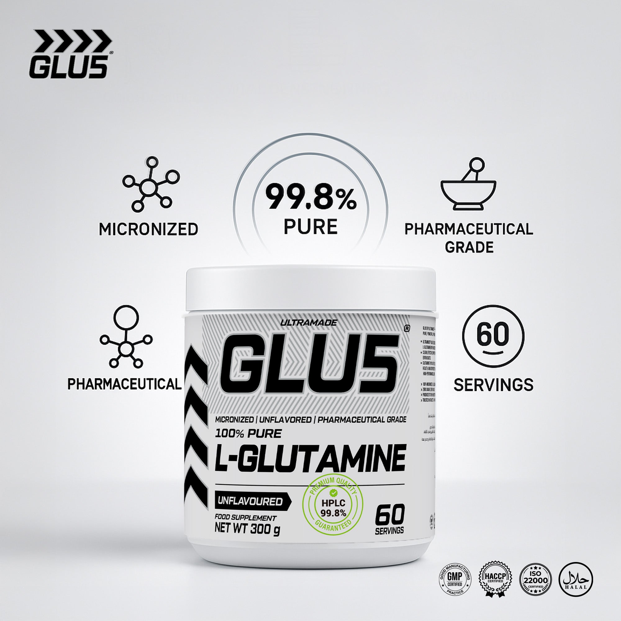 GLU5 L-Glutamine Powder 300g (60 Servings) - Ultramade