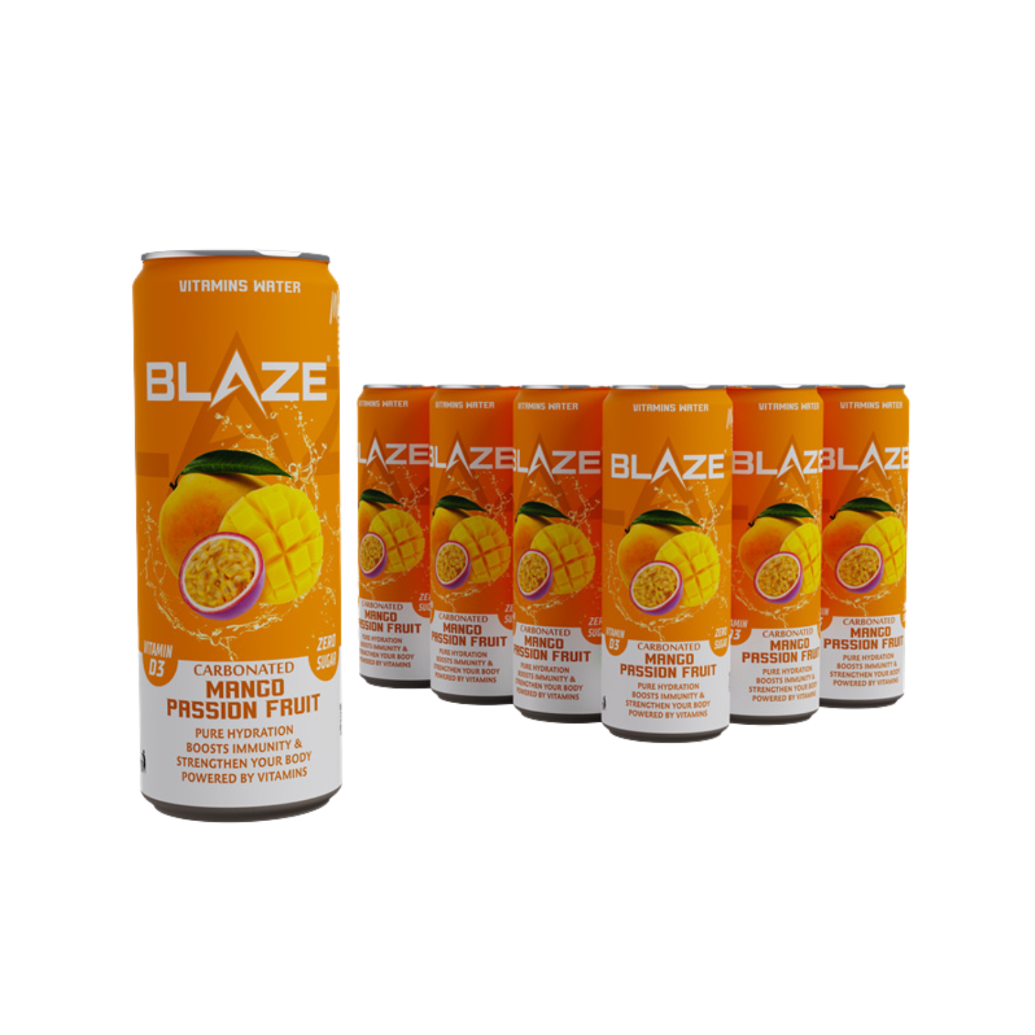 BLAZE Vitamin Water – Mango Passion Fruit – Zero Sugar, Vitamin D3 4000IU, Enriched with Calcium, Iron, Potassium, Vitamins A, C, B6, B12, Magnesium, Zinc, Chromium – Hydration & Immunity – 355ml Can – Pack of 12