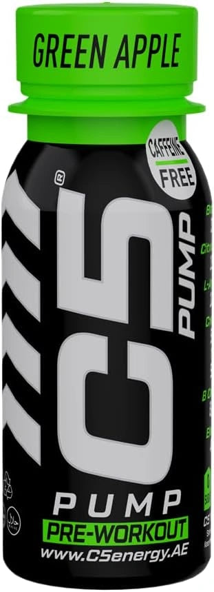 C5 PUMP Shot Pre-Workout, Caffeine-Free (Pack of 12,Green Apple) - Ultramade