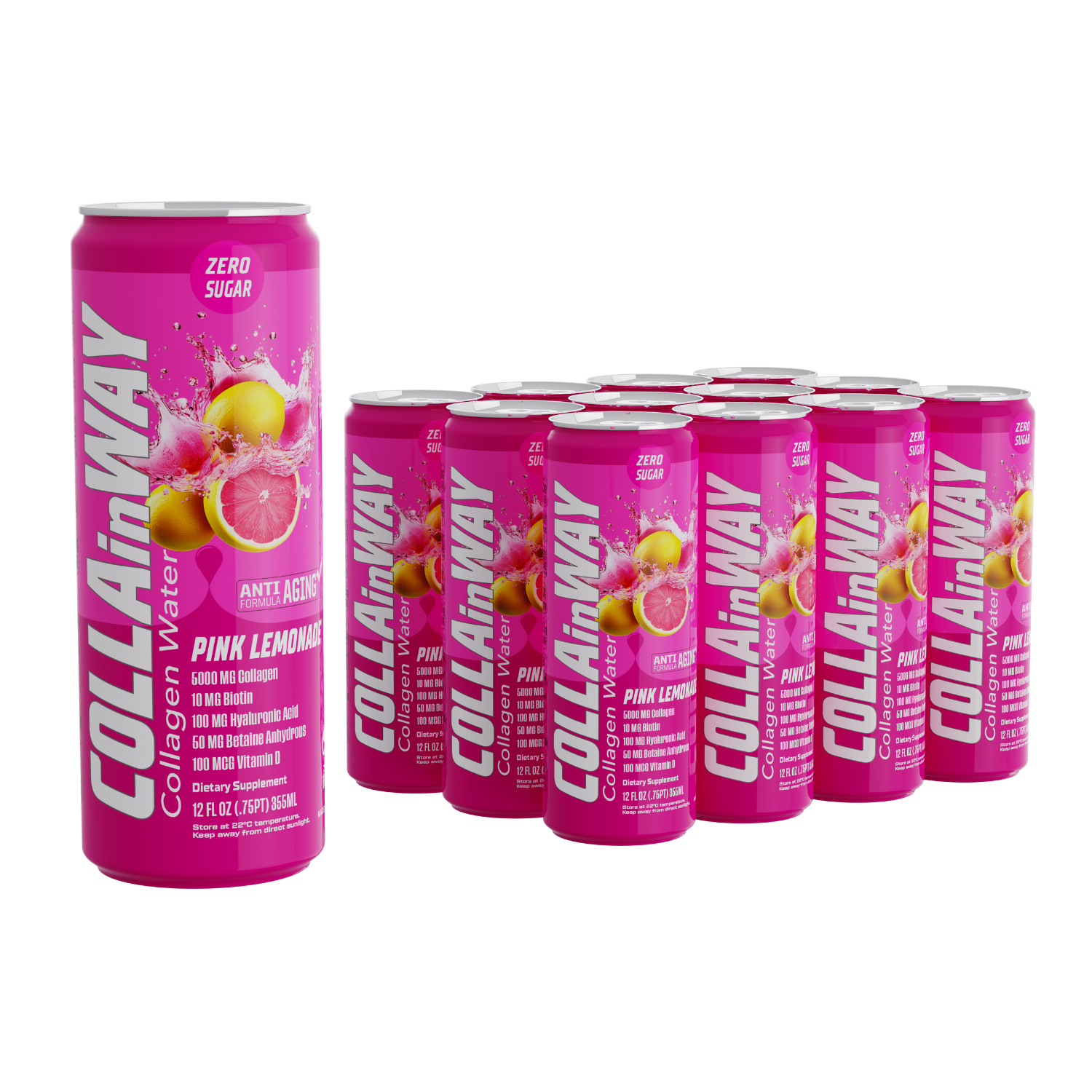 COLLAinWay Collagen Drink 5000mg - Zero Sugar,10mg Biotin - Pack of 12 -  Pink Lemonade