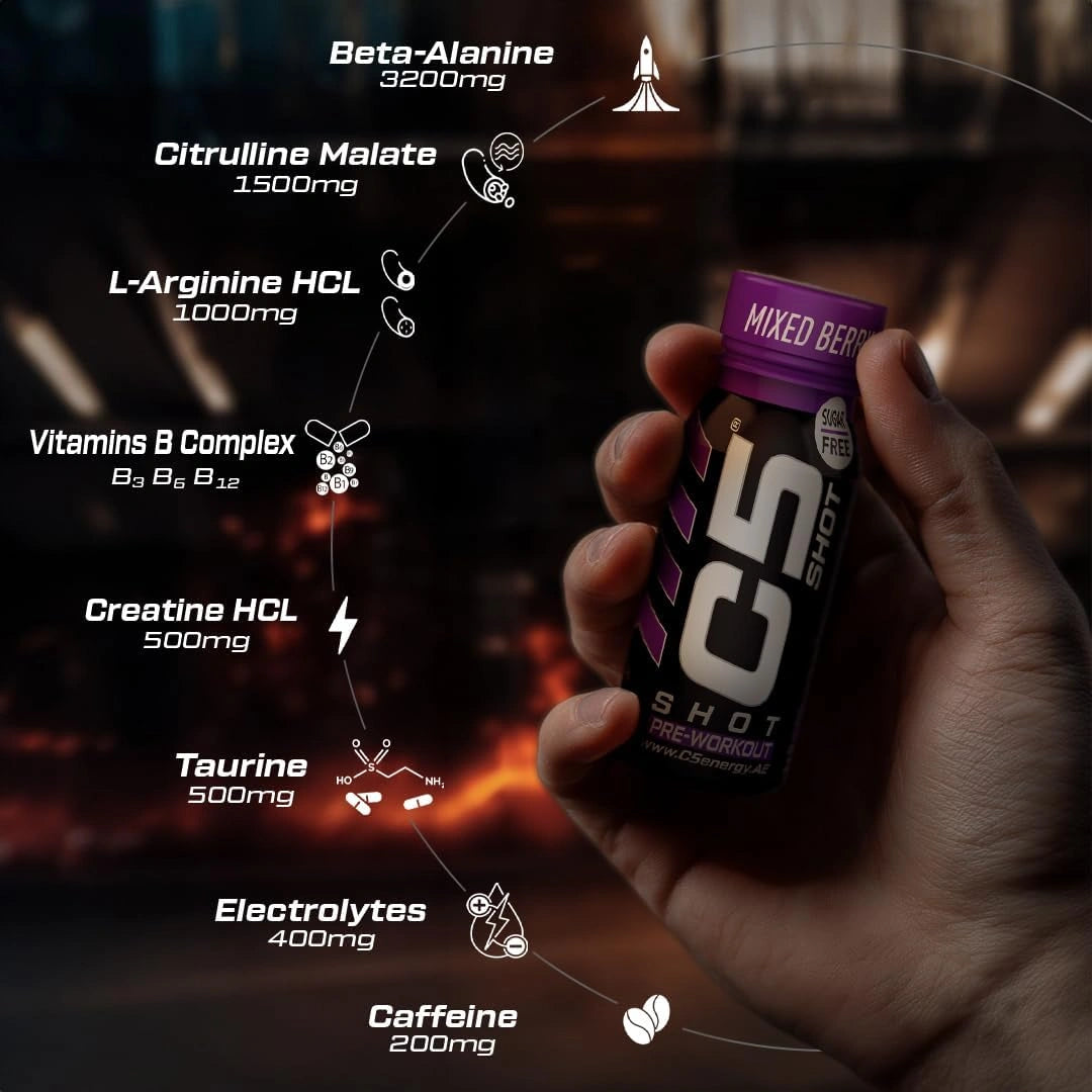 C5 SHOT Pre-Workout Drink | 80ml Liquid Energy Shot | 200mg Caffeine - Mixed Berry - Ultramade