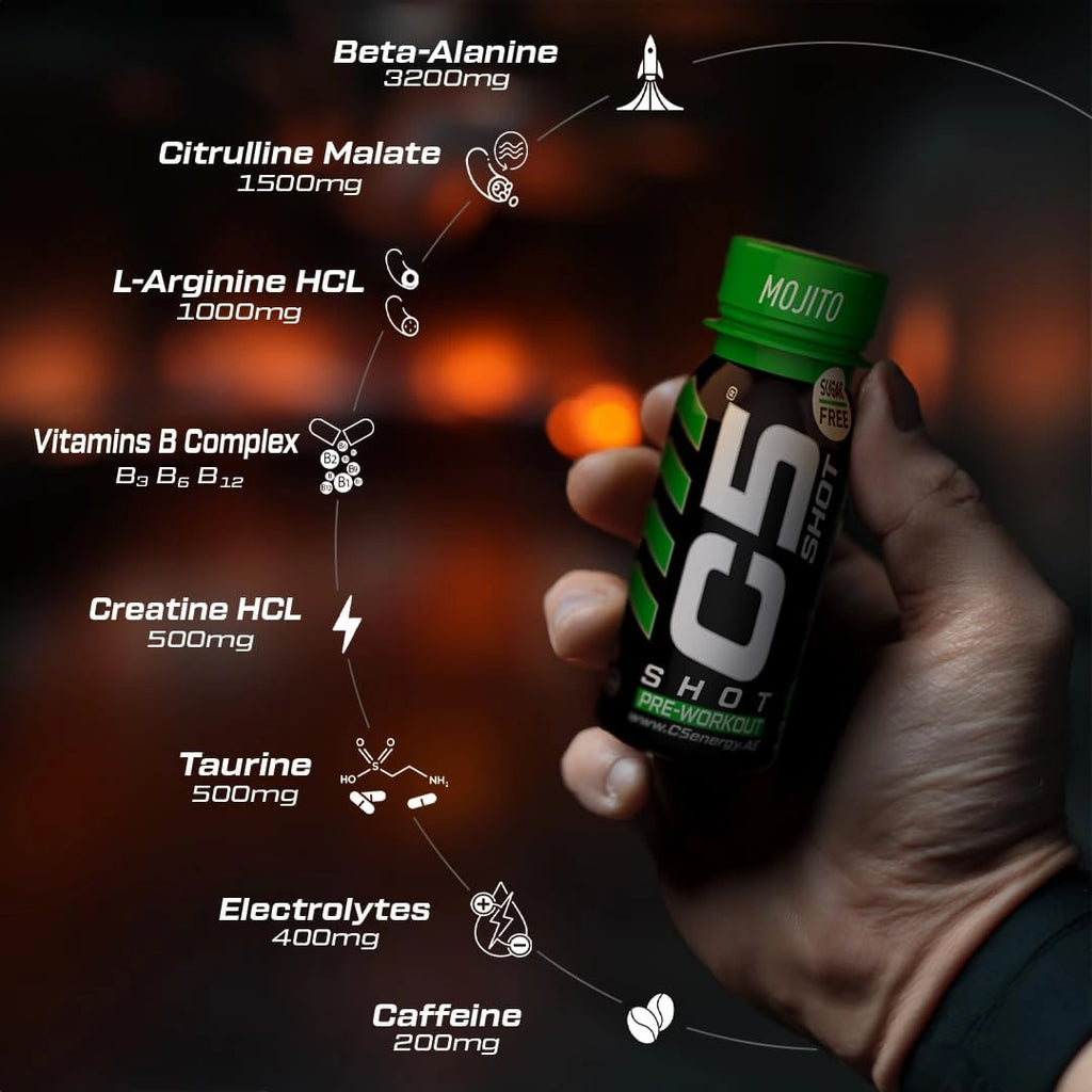 C5 SHOT Pre-Workout Drink | 80ml Liquid Energy Shot | 200mg Caffeine - Mojito - Ultramade