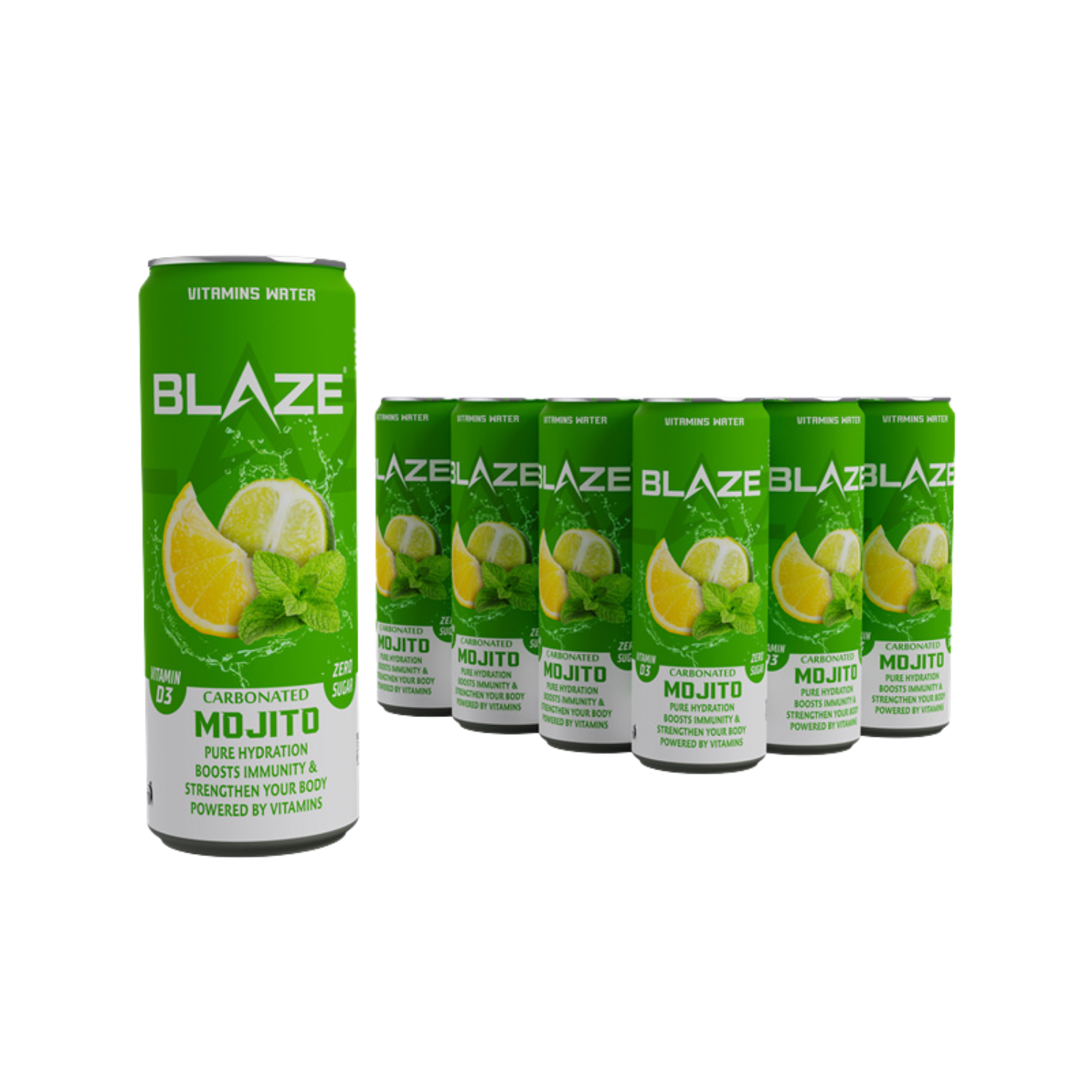 BLAZE Vitamin Water – Mojito – Zero Sugar, Vitamin D3 4000IU, Enriched with Calcium, Iron, Potassium, Vitamins A, C, B6, B12, Magnesium, Zinc, Chromium – Hydration & Immunity – 355ml Can – Pack of 12