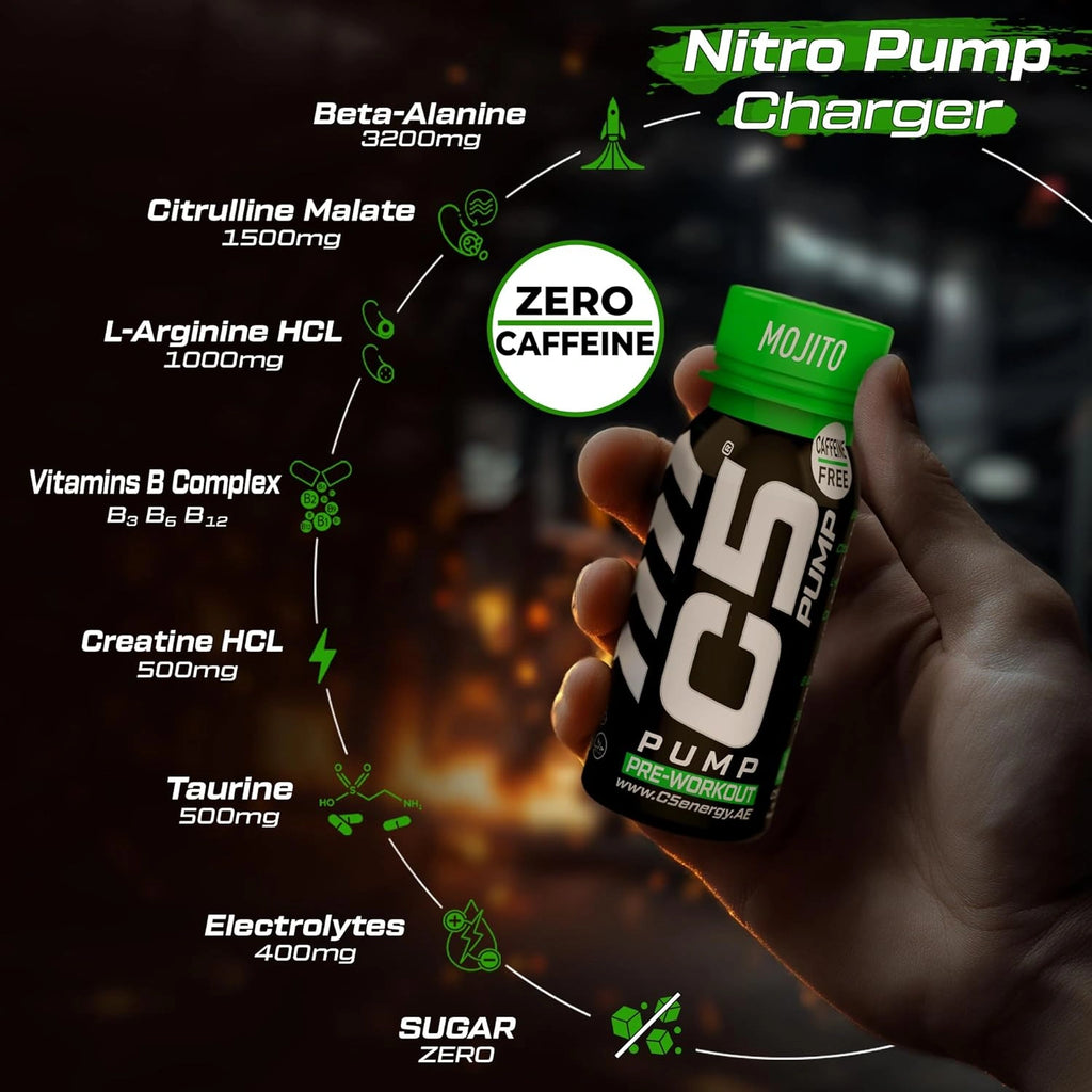 C5 PUMP Shot Pre-Workout, Caffeine-Free (Pack of 12, Mojito) - Ultramade