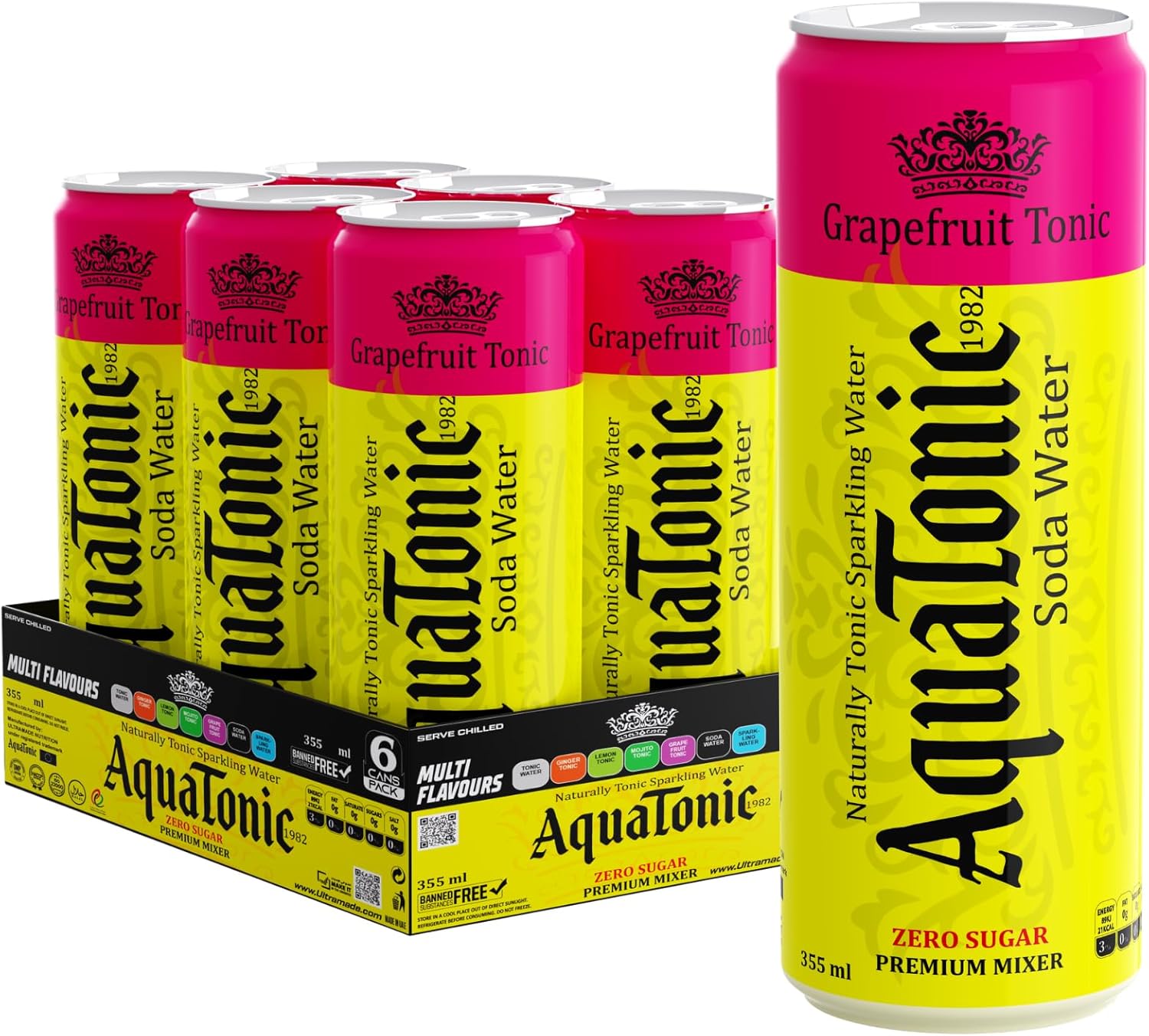 AquaTonic Naturally Alkaline Sparkling Water, Zero Sugar Premium Mixer, Multi Flavour Carbonated Beverage, 6 x 355ml Cans - pack of 6 (Pack of 6, Grapefruit)
