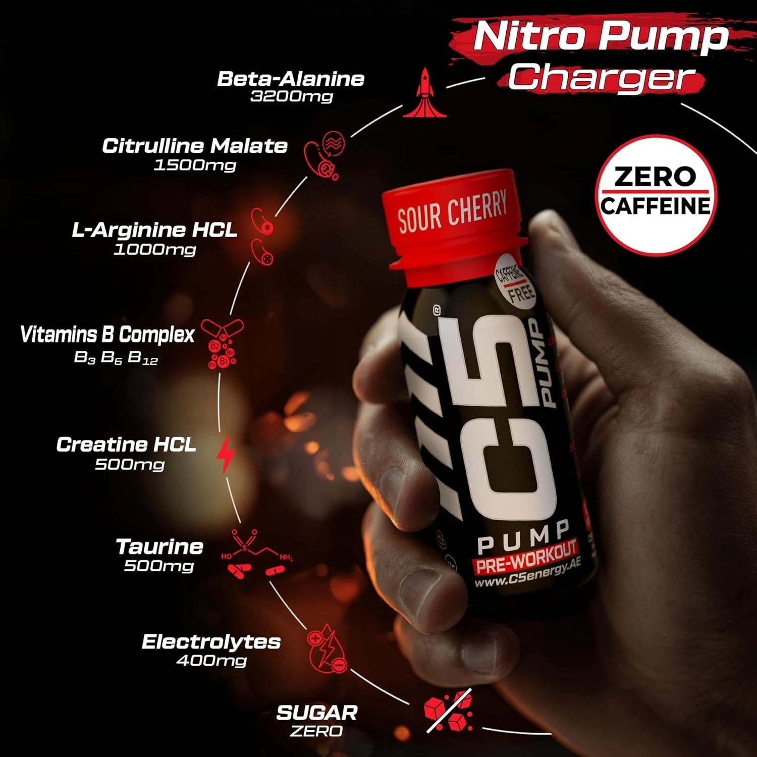 C5 PUMP Shot Pre-Workout, Caffeine-Free (Pack of 12, Sour Cherry) - Ultramade