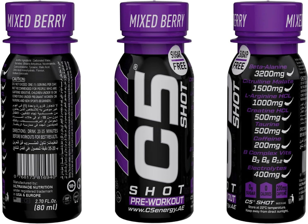 C5 SHOT Pre-Workout Drink | 80ml Liquid Energy Shot | 200mg Caffeine - Mixed Berry - Ultramade