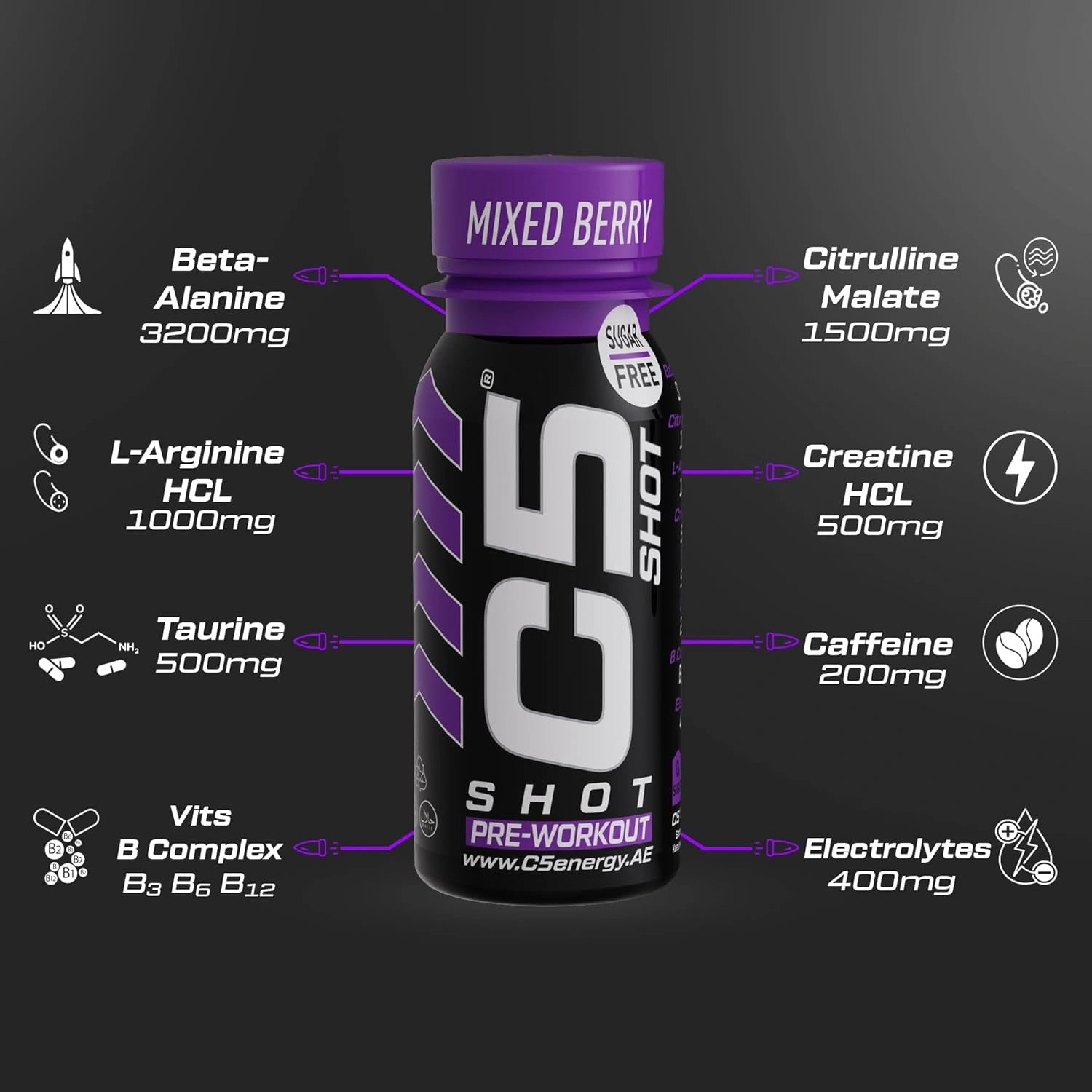 C5 SHOT Pre-Workout Drink | 80ml Liquid Energy Shot | 200mg Caffeine - Mixed Berry - Ultramade
