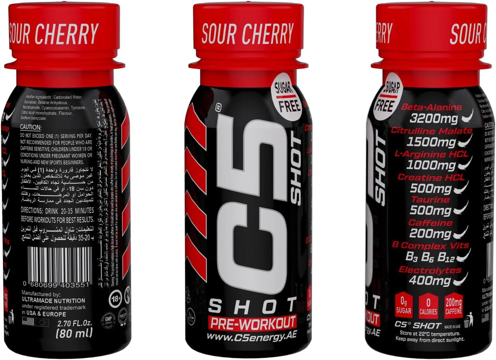 C5 SHOT Pre-Workout Drink | 80ml Liquid Energy Shot | 200mg Caffeine - Sour Cherry - Ultramade