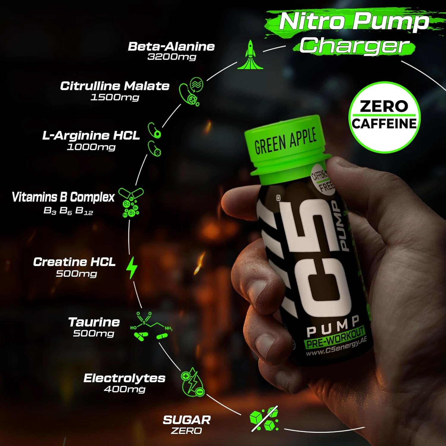 C5 PUMP Shot Pre-Workout, Caffeine-Free (Pack of 12,Green Apple) - Ultramade
