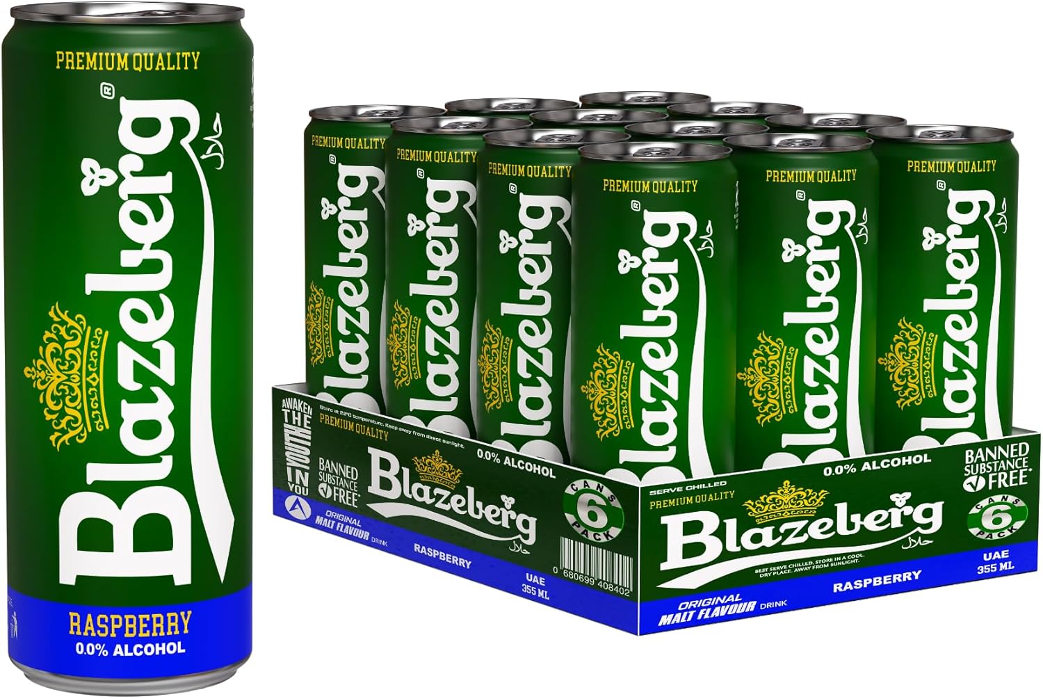 Blazeberg Raspberry Malt Flavour Drink, 0.0% Alcohol, Banned Substance Free, 355ml, Pack of 12 - Ultramade