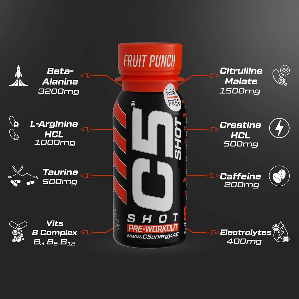 C5 SHOT Pre-Workout Drink | 80ml Liquid Energy Shot | 200mg Caffeine - Sour Cherry - Ultramade