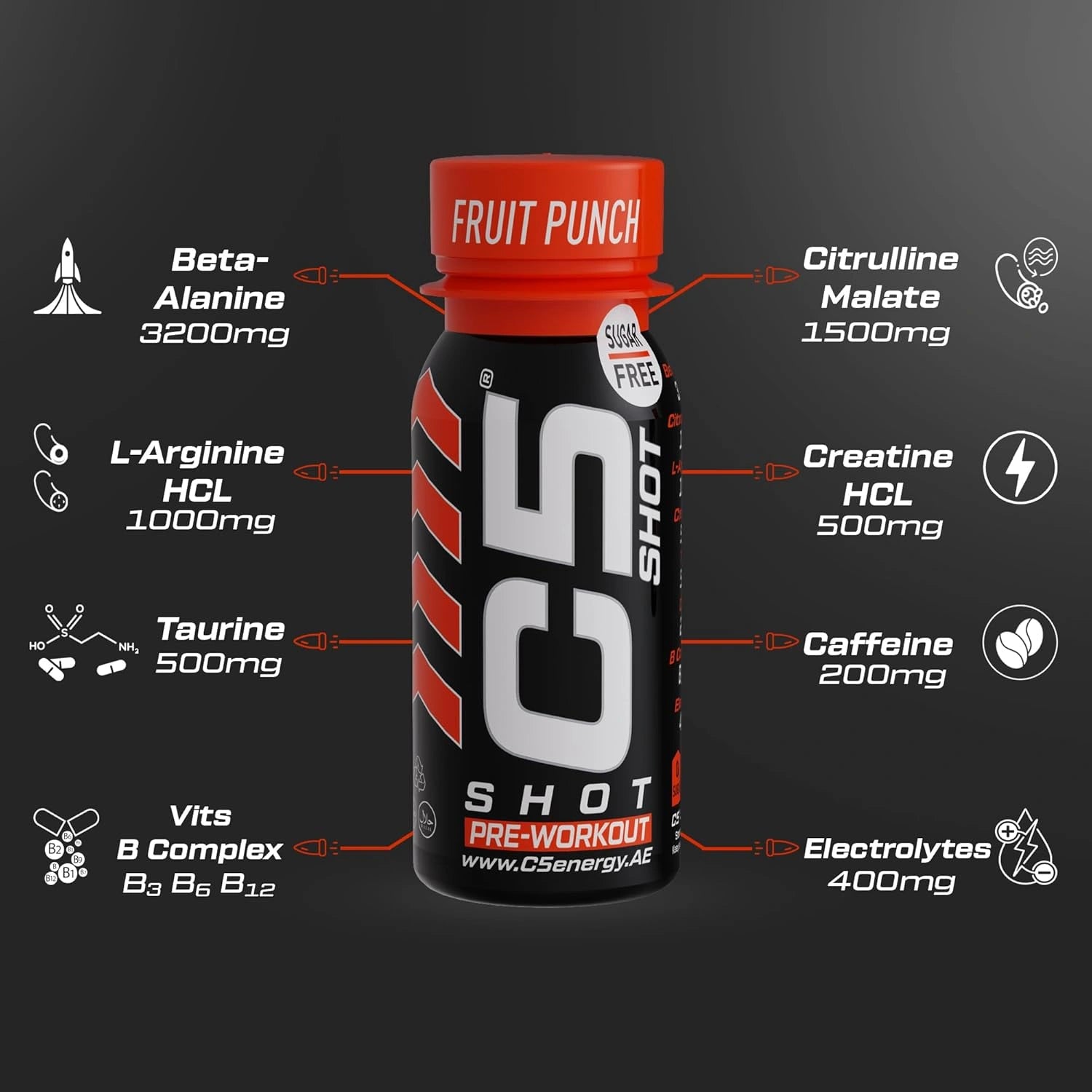 C5 SHOT Pre-Workout Drink | 80ml Liquid Energy Shot | 200mg Caffeine - Sour Cherry - Ultramade