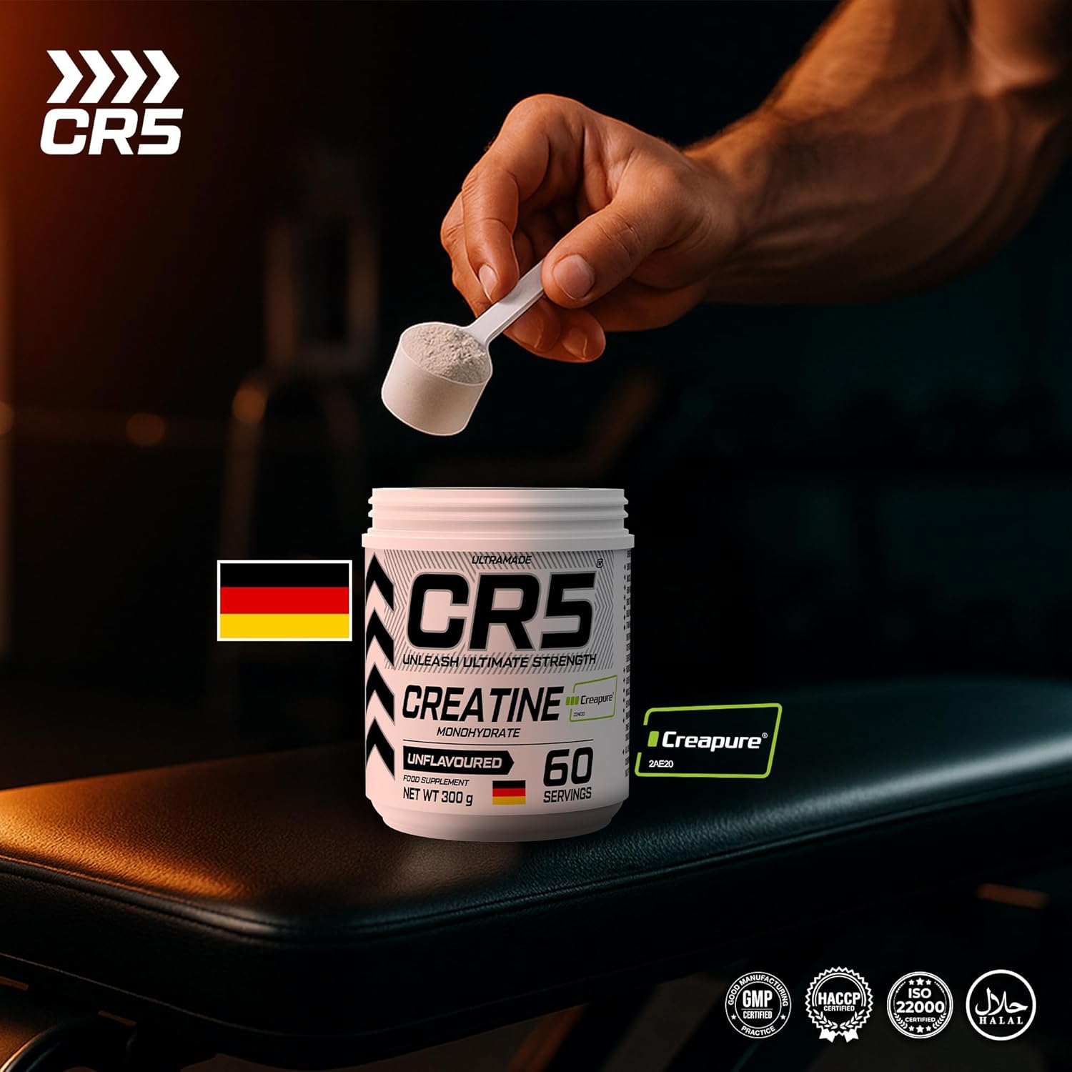 CR5 Creatine Monohydrate Powder – Creapure® Micronized, Unflavoured, 5000mg Per Serving, 60 Servings, 300g – Muscle Strength, Power & Recovery Supplement - Ultramade