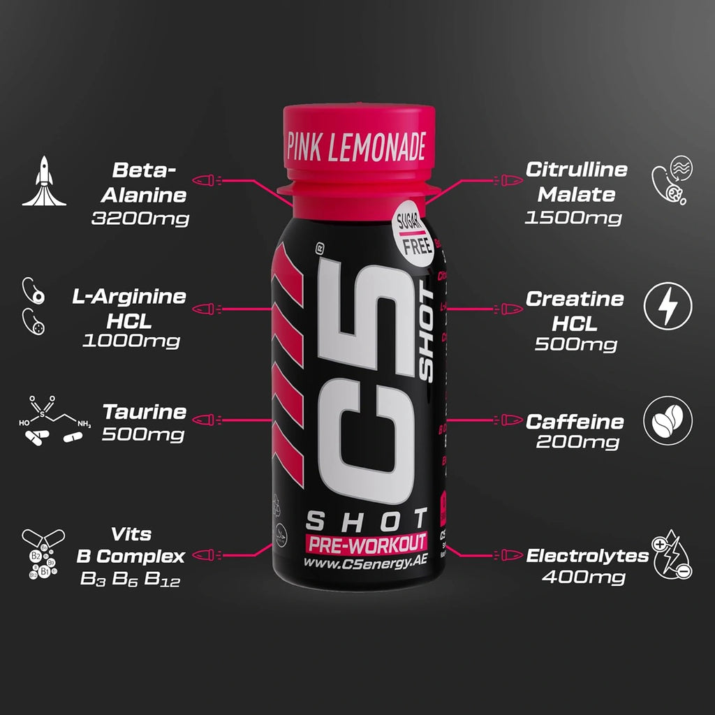 C5 SHOT Pre-Workout Drink | 80ml Liquid Energy Shot | 200mg Caffeine -Pink Lemonade - Ultramade