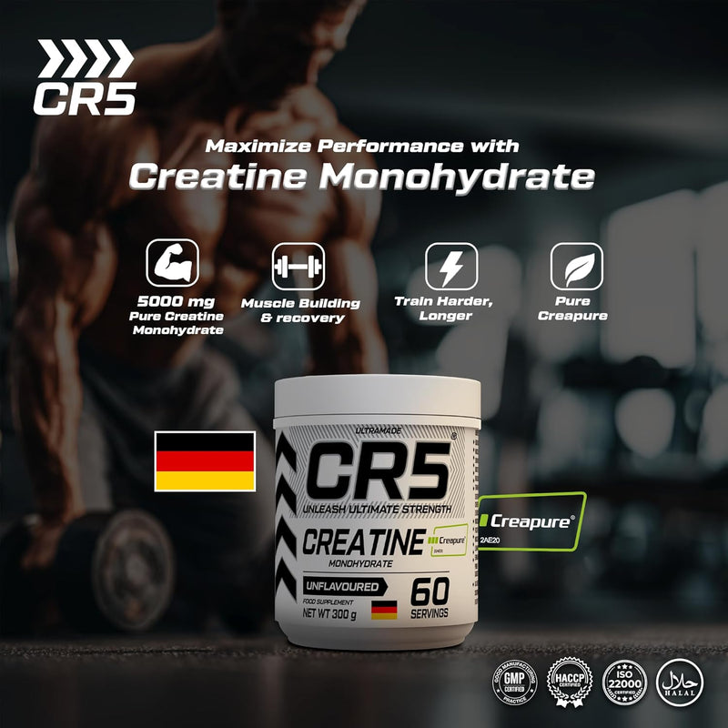 CR5 Creatine Monohydrate Powder – Creapure® Micronized, Unflavoured, 5000mg Per Serving, 60 Servings, 300g – Muscle Strength, Power & Recovery Supplement