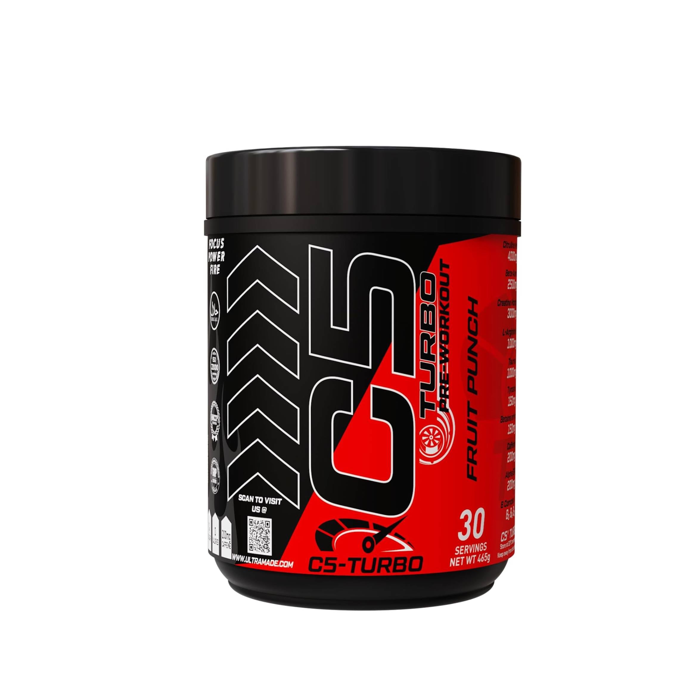 C5 Turbo Pre-Workout Powder – Fruit Punch Focus, Endurance & Performance Support – 30 Servings