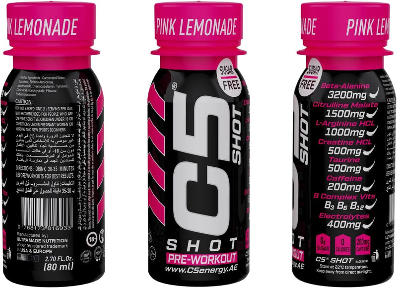 C5 SHOT Pre-Workout Drink | 80ml Liquid Shot | 200mg Caffeine -Pink Lemonade