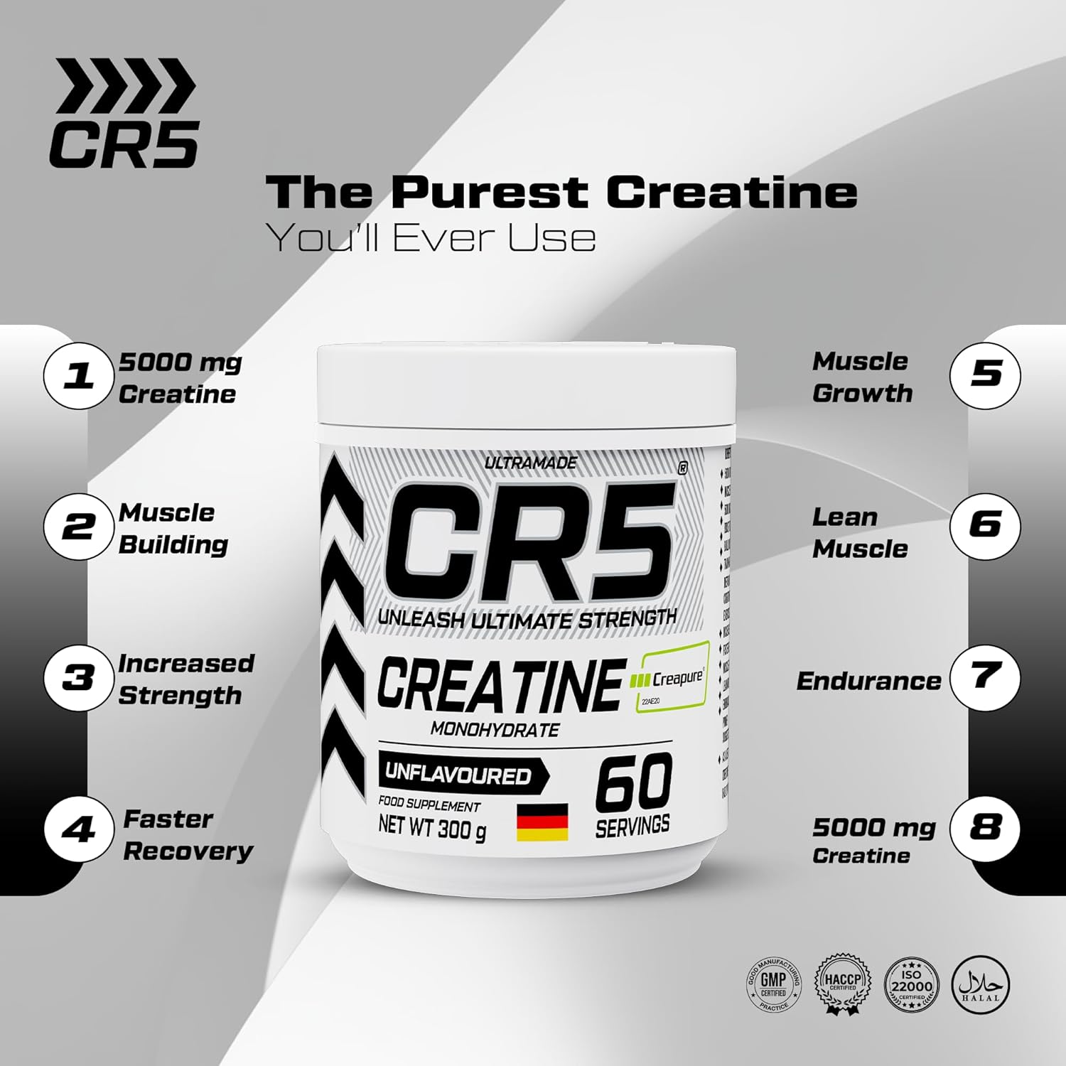 CR5 Creatine Monohydrate Powder – Creapure® Micronized, Unflavoured, 5000mg Per Serving, 60 Servings, 300g – Muscle Strength, Power & Recovery Supplement - Ultramade