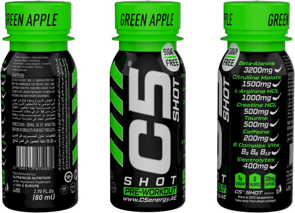 C5 SHOT Pre-Workout Drink | 80ml Liquid Energy Shot | 200mg Caffeine - Green Apple - Ultramade