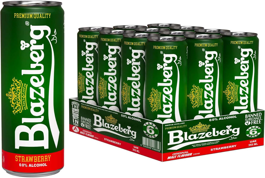 Blazeberg Strawberry Malt Flavour Drink, 0.0% Alcohol, Banned Substance Free, 355ml, Pack of 12 - Ultramade