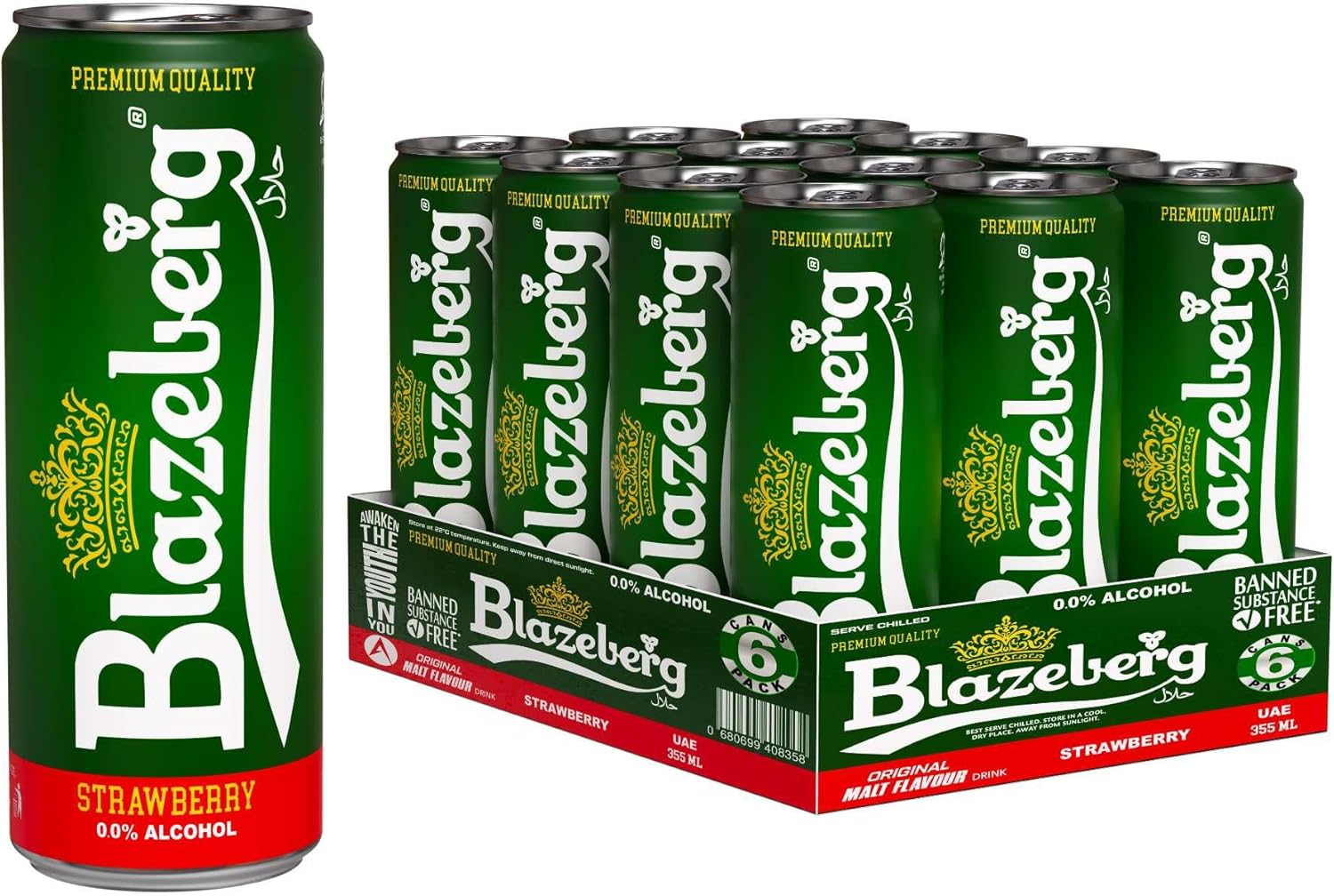 Blazeberg Strawberry Malt Flavour Drink, 0.0% Alcohol, Banned Substance Free, 355ml, Pack of 12 - Ultramade