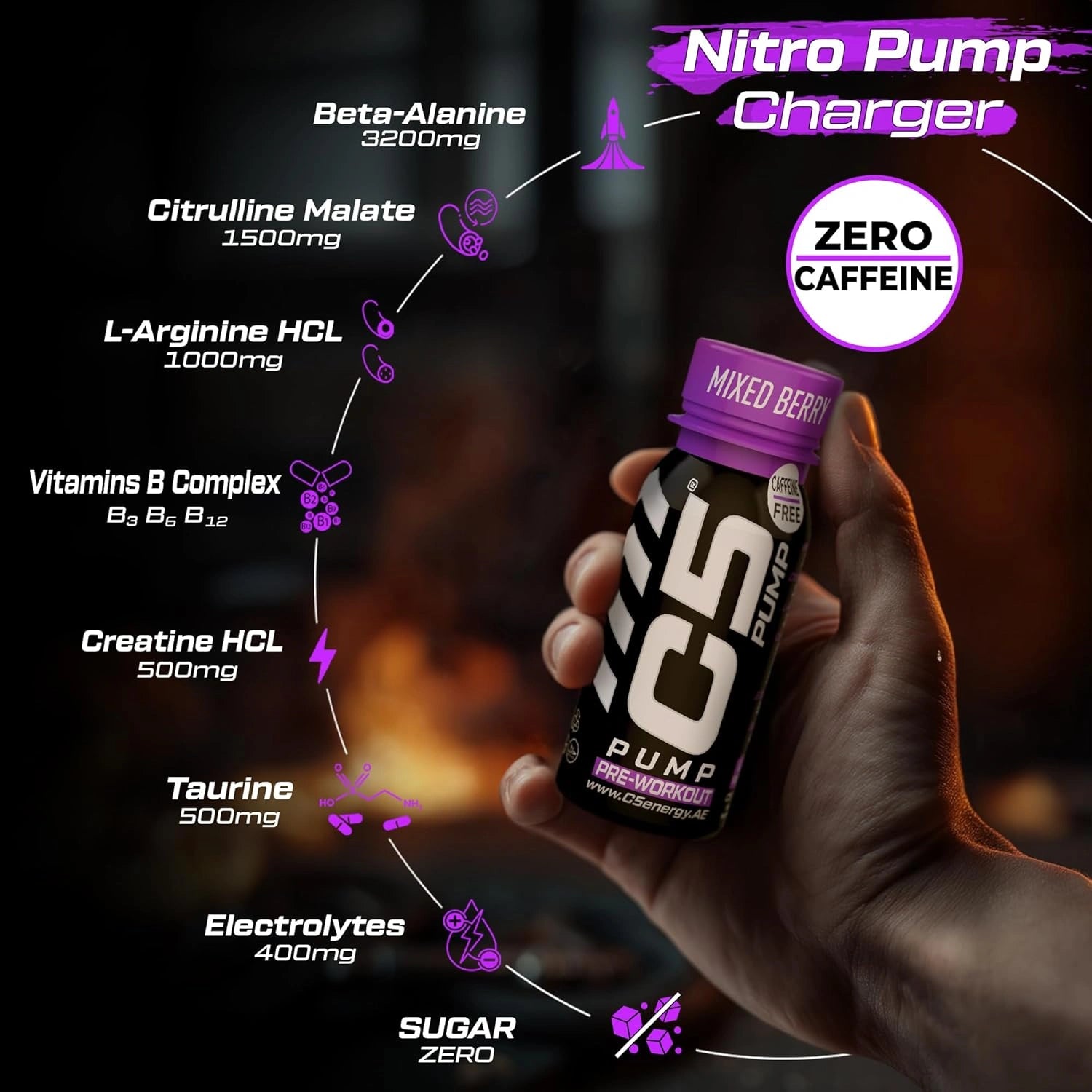 C5 PUMP Shot Pre-Workout, Caffeine-Free (Pack of 12, Mixed Berry) - Ultramade