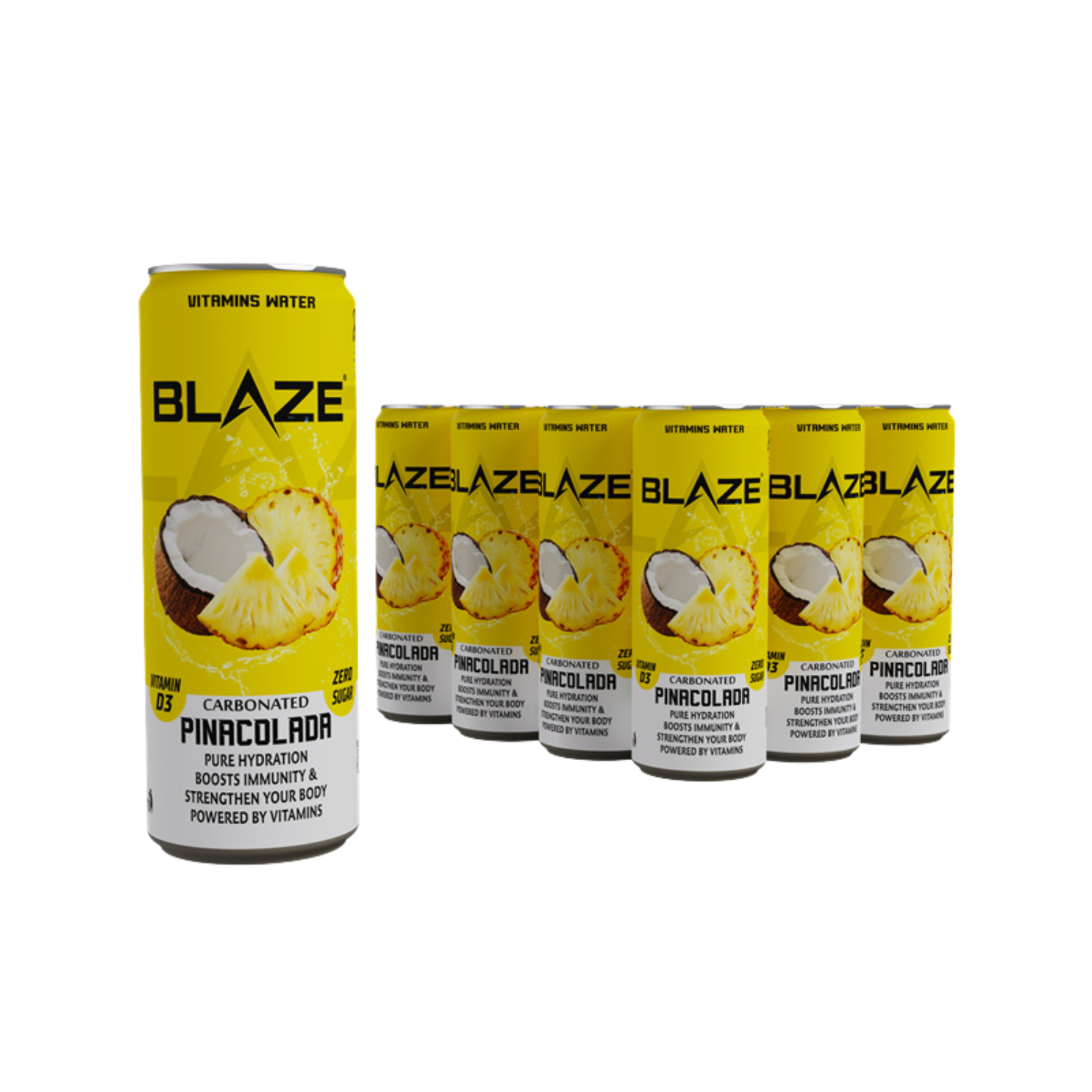 BLAZE Vitamin Water – Pina Colada – Zero Sugar, Vitamin D3 4000IU, Enriched with Calcium, Iron, Potassium, Vitamins A, C, B6, B12, Magnesium, Zinc, Chromium – Hydration & Immunity – 355ml Can – Pack of 12