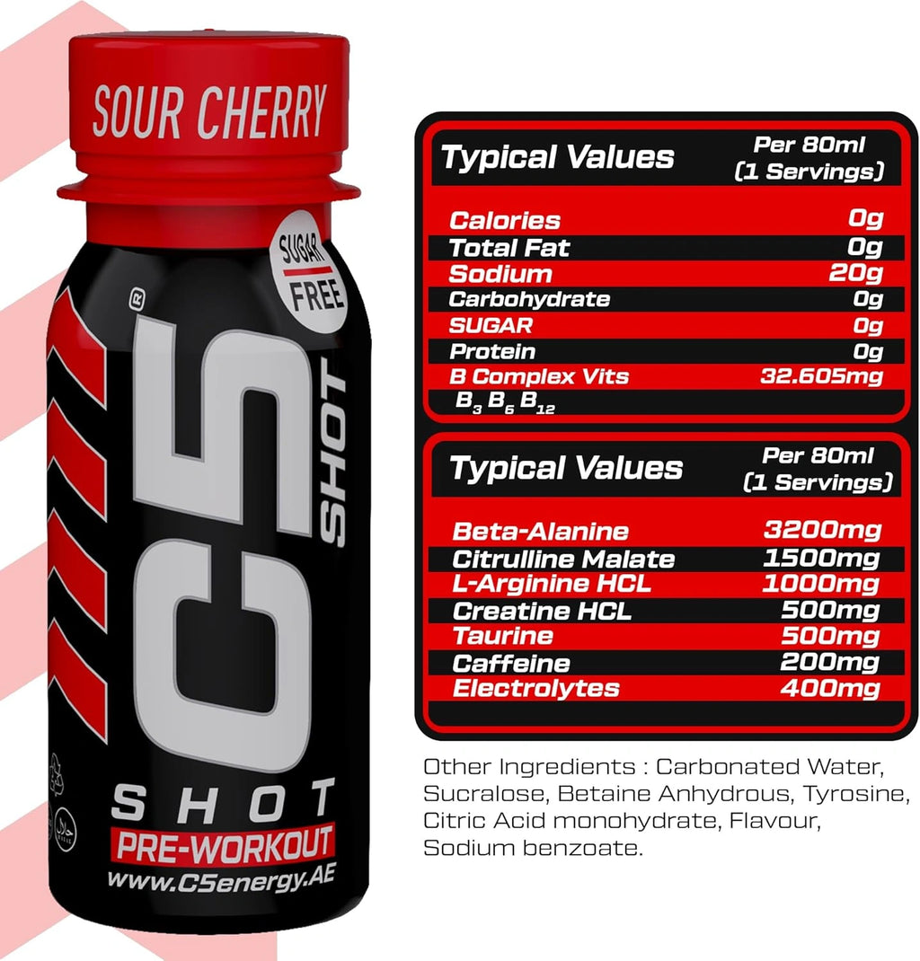 C5 SHOT Pre-Workout Drink | 80ml Liquid Energy Shot | 200mg Caffeine - Sour Cherry - Ultramade