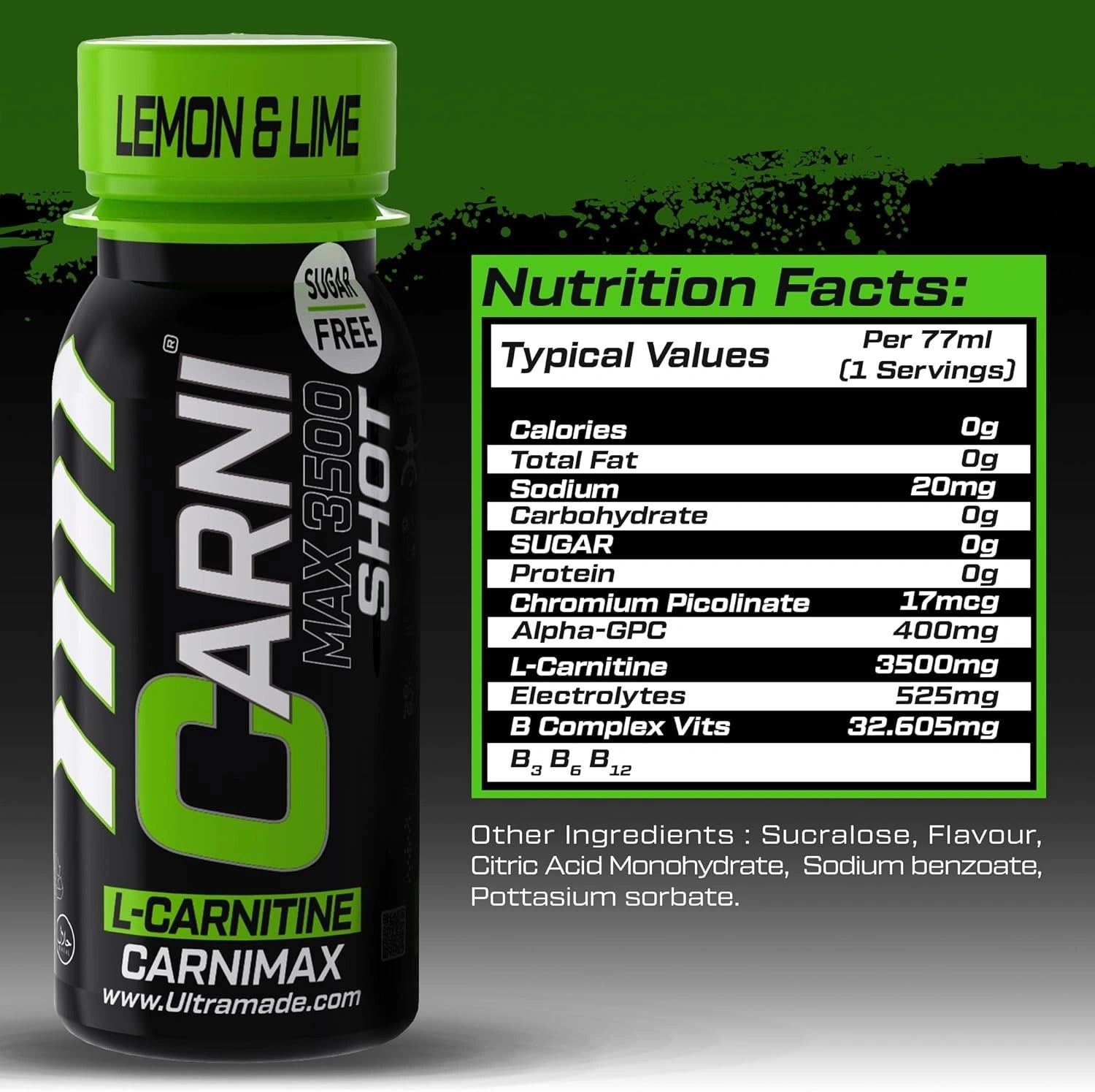 Carni Shot L-Carnitine Sugar-Free Lemon & Lime Pack of 12 - Ultramade