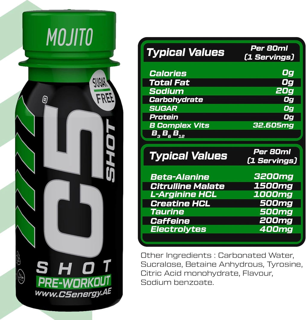 C5 SHOT Pre-Workout Drink | 80ml Liquid Energy Shot | 200mg Caffeine - Mojito - Ultramade
