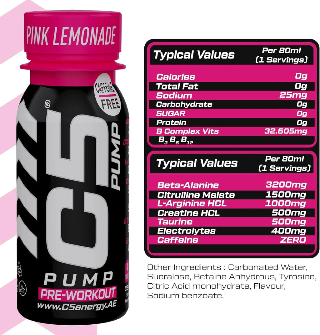 C5 PUMP Shot Pre-Workout, Caffeine-Free (Pack of 12, Pink Lemonade) - Ultramade
