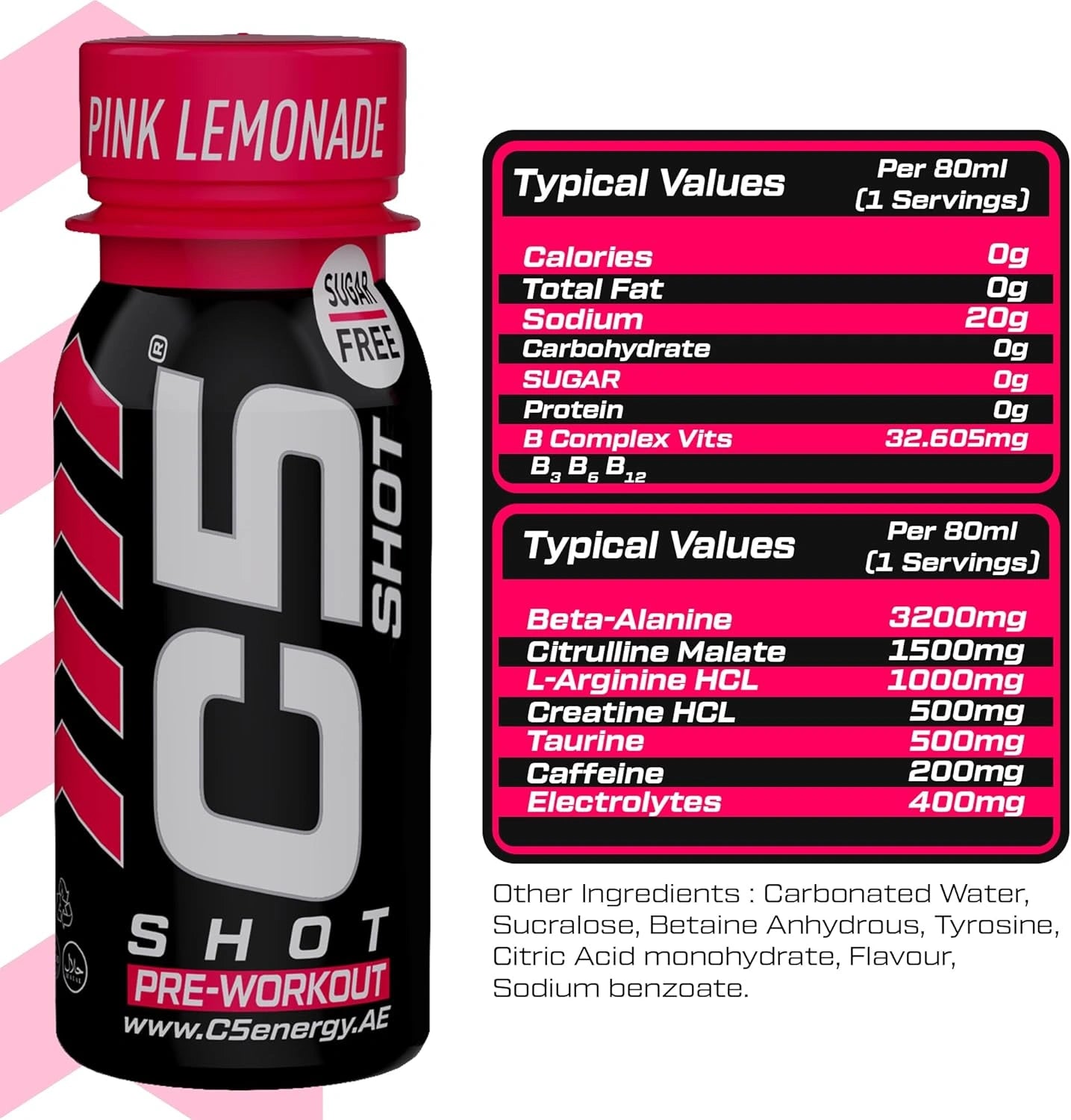 C5 SHOT Pre-Workout Drink | 80ml Liquid Energy Shot | 200mg Caffeine -Pink Lemonade - Ultramade