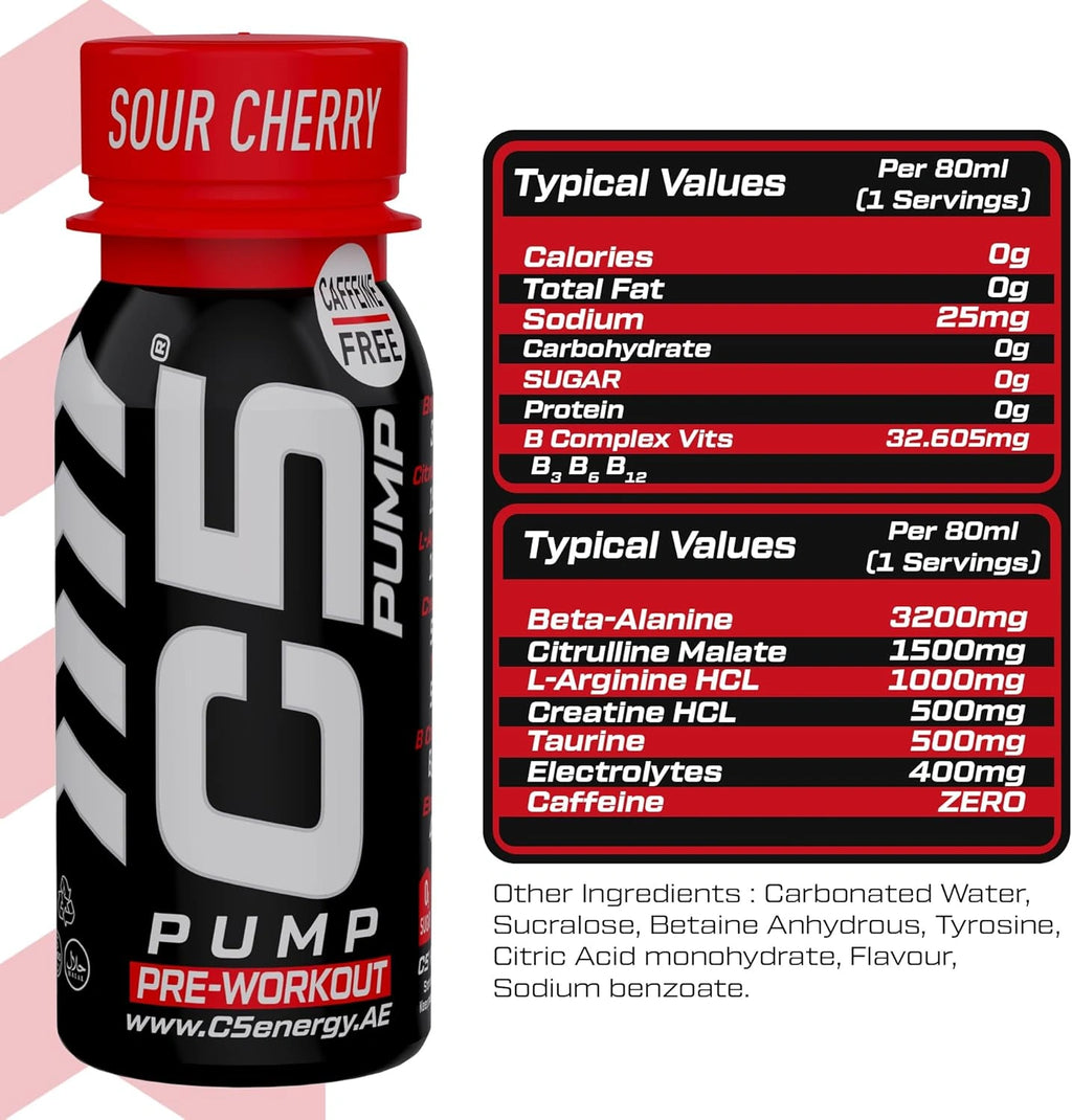 C5 PUMP Shot Pre-Workout, Caffeine-Free (Pack of 12, Sour Cherry) - Ultramade