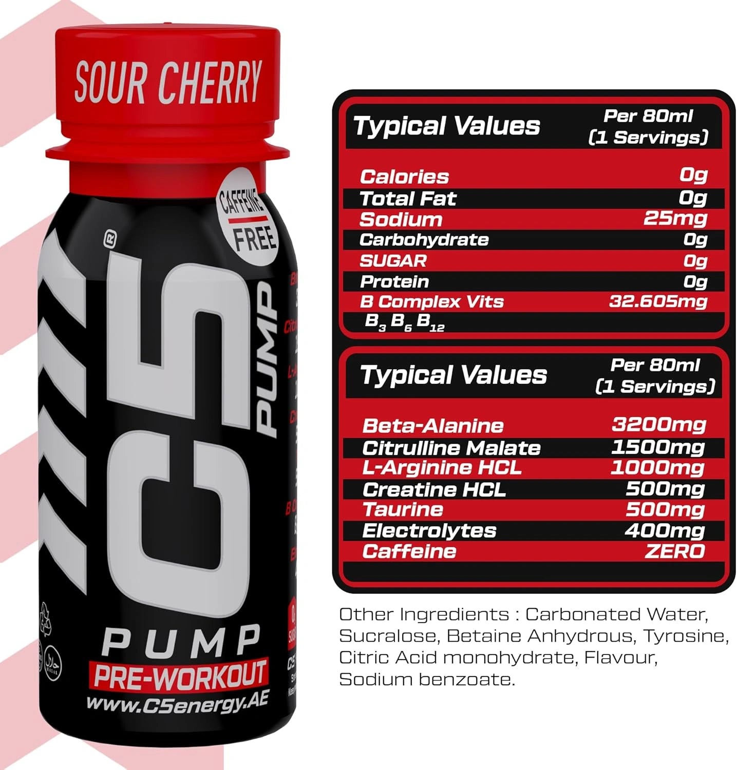 C5 PUMP Shot Pre-Workout, Caffeine-Free (Pack of 12, Sour Cherry) - Ultramade