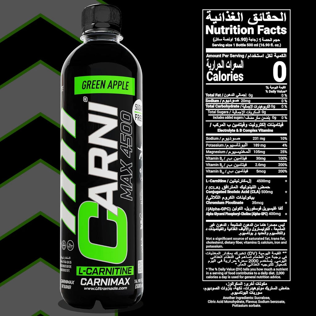 Carnimax L-Carnitine – Green Apple – 0g Sugar, 4500mg L-Carnitine - Ultramade