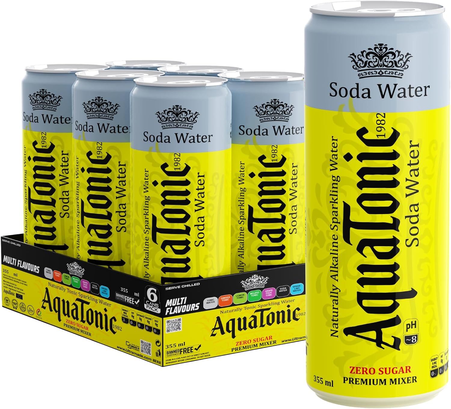 AquaTonic Soda Water Zero Sugar Premium Mixer - Naturally Sparkling Soda Water, Low Calorie Drink Mixer, 355ml Can - pack of 6 - Ultramade