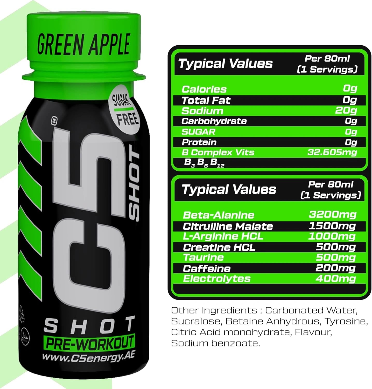 C5 SHOT Pre-Workout Drink | 80ml Liquid Energy Shot | 200mg Caffeine - Green Apple - Ultramade
