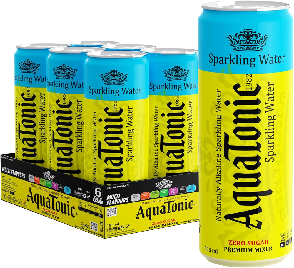 AquaTonic Sparkling Water Zero Sugar - Naturally Sparkling Water, Low Calorie Drink Mixer, 355ml Can - pack of 6