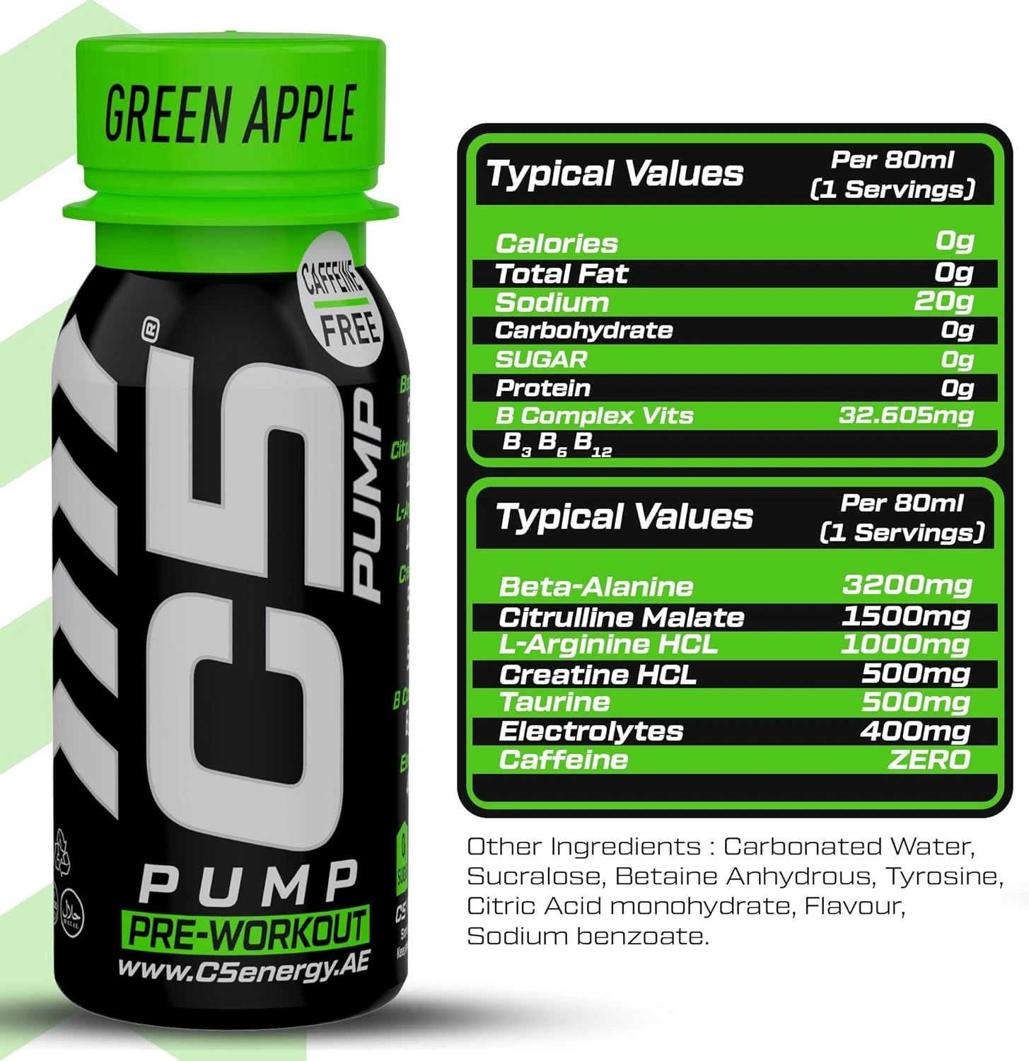 C5 PUMP Shot Pre-Workout, Caffeine-Free (Pack of 12,Green Apple) - Ultramade