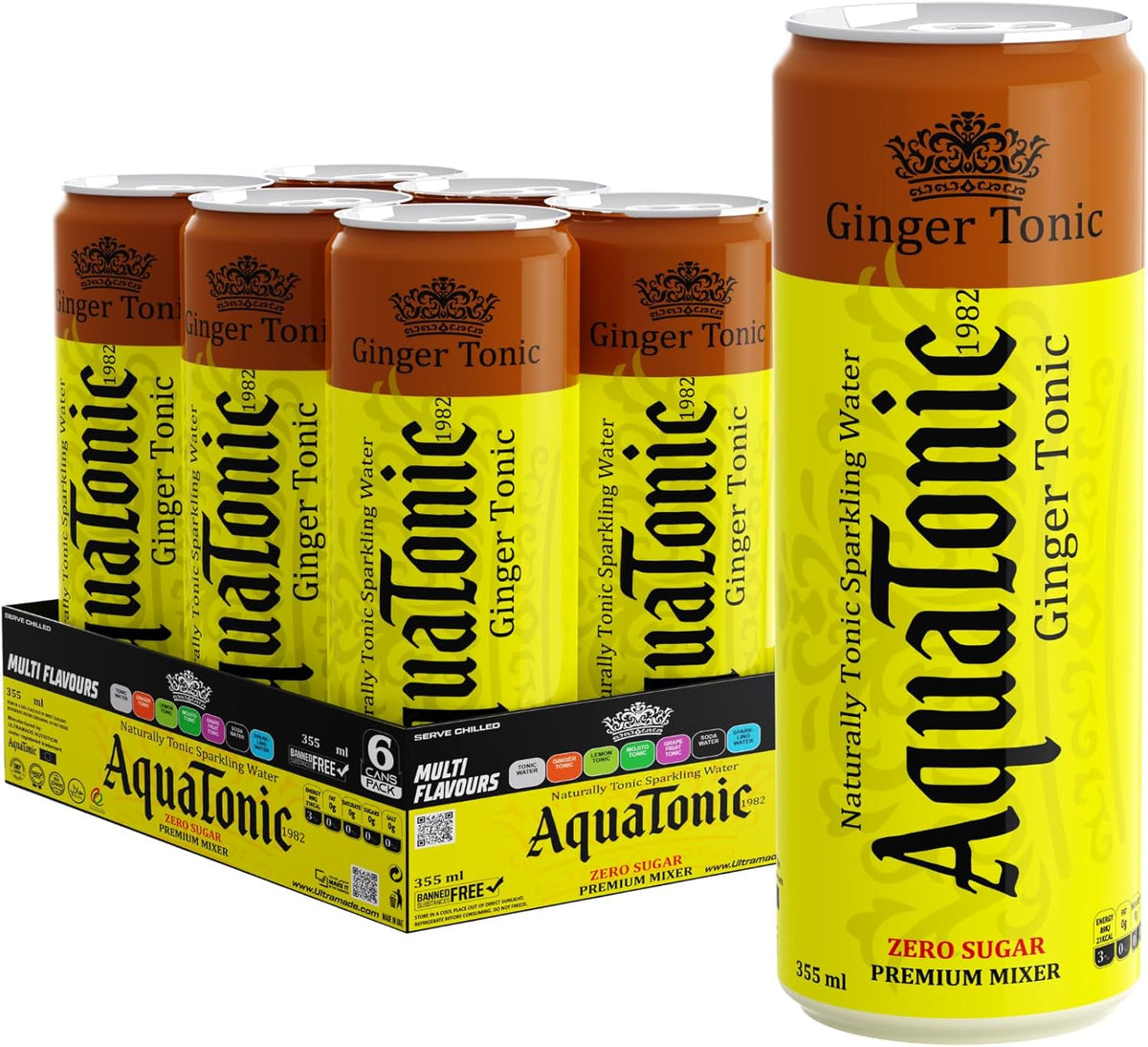 AquaTonic Naturally Alkaline Sparkling Water, Zero Sugar Premium Mixer, Multi Flavour Carbonated Beverage, 6 x 355ml Cans - pack of 6 (Pack of 6, Ginger) - Ultramade