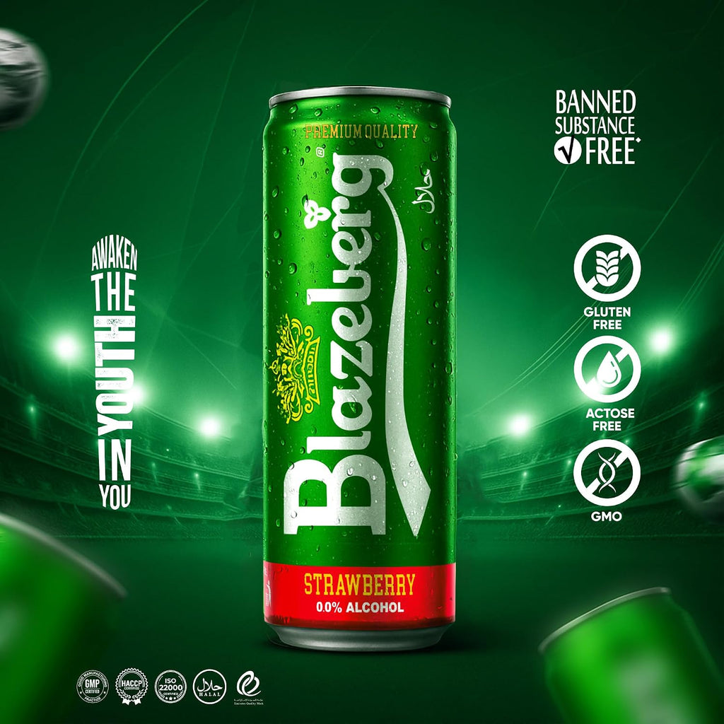 Blazeberg Strawberry Malt Flavour Drink, 0.0% Alcohol, Banned Substance Free, 355ml, Pack of 12 - Ultramade