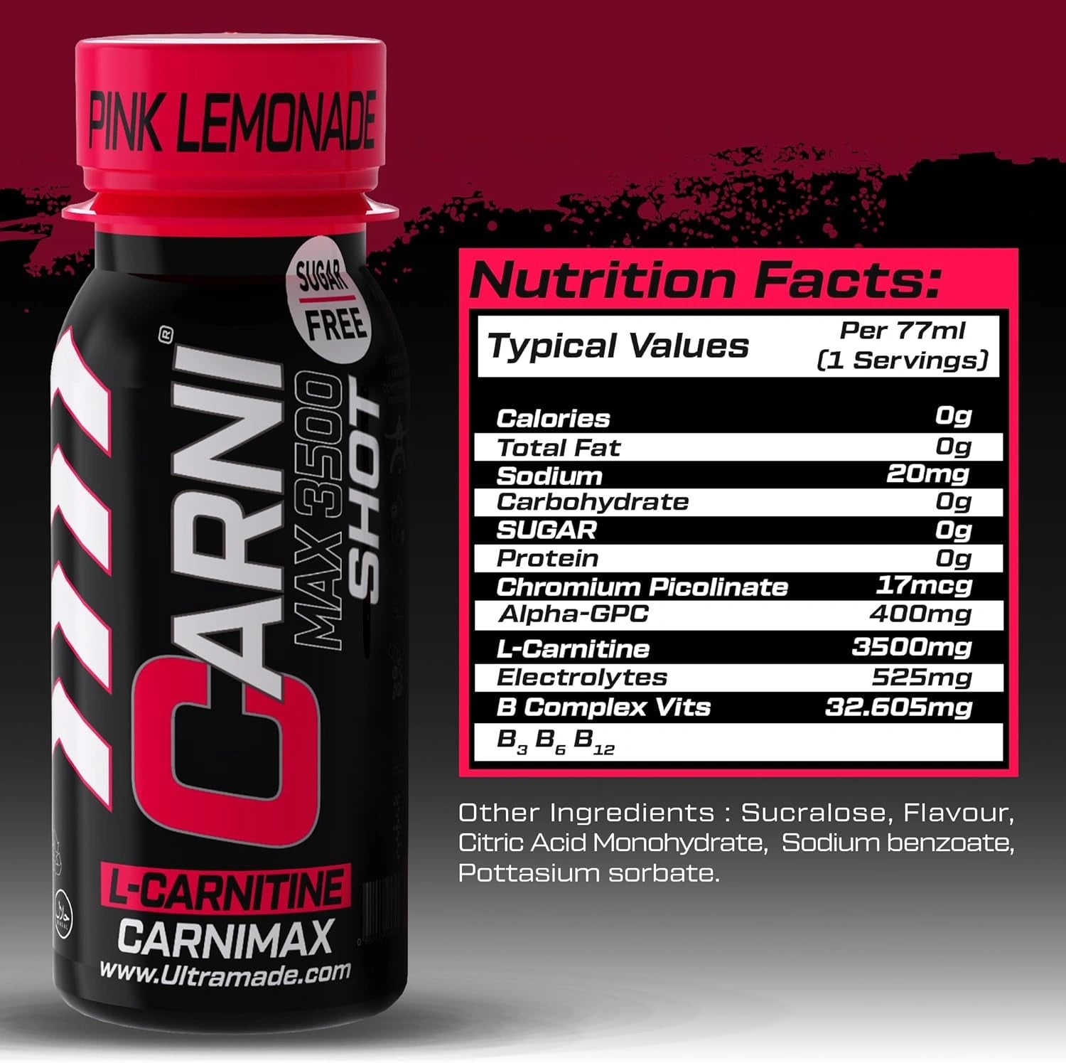 Carni Shot L-Carnitine Sugar-Free Pink Lemonade Pack of 12 - Ultramade
