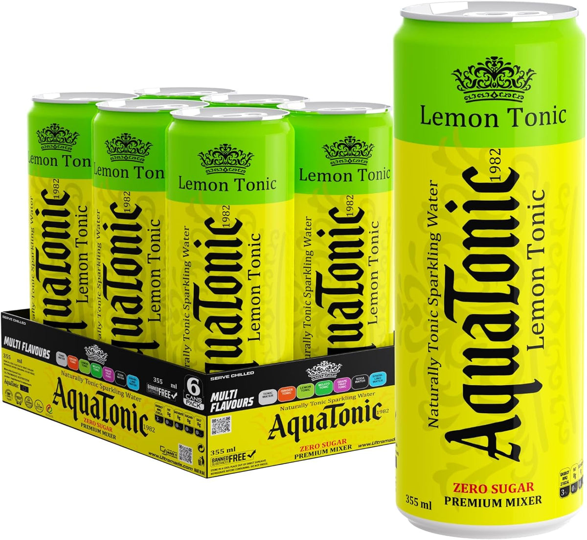 AquaTonic Naturally Alkaline Sparkling Water, Zero Sugar Premium Mixer, Multi Flavour Carbonated Beverage, 6 x 355ml Cans - pack of 6 (Pack of 6, Lemon) - Ultramade