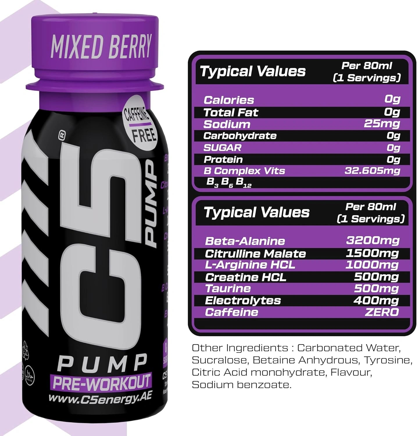 C5 PUMP Shot Pre-Workout, Caffeine-Free (Pack of 12, Mixed Berry) - Ultramade