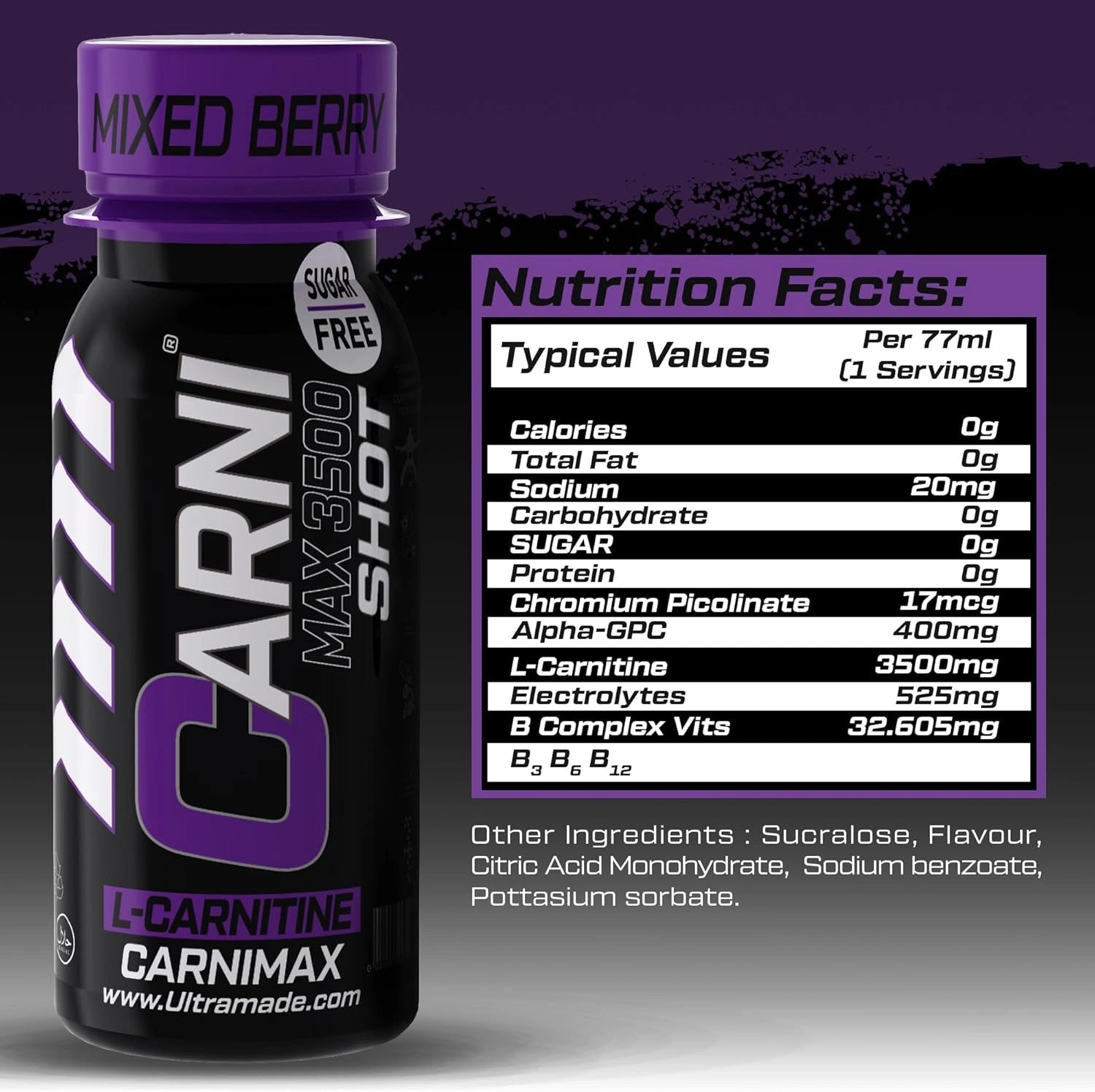 Carni Shot L-Carnitine Sugar-Free Mixed Berry Pack of 12 - Ultramade